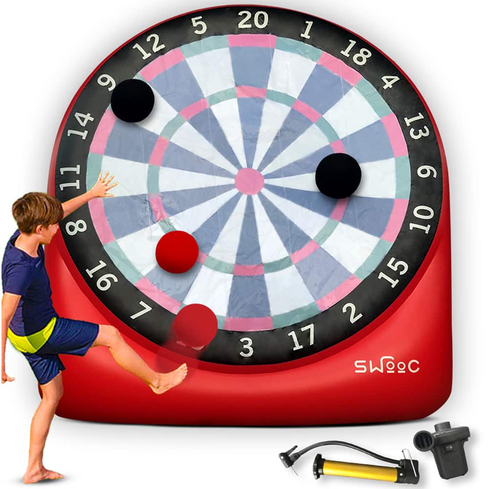 Swooc Games - Premium Giant Kick Darts (Over 6 ft. Tall) with 15+ Games Included - Giant Inflatable Outdoor Dartboard w/ Soccer Balls - Red