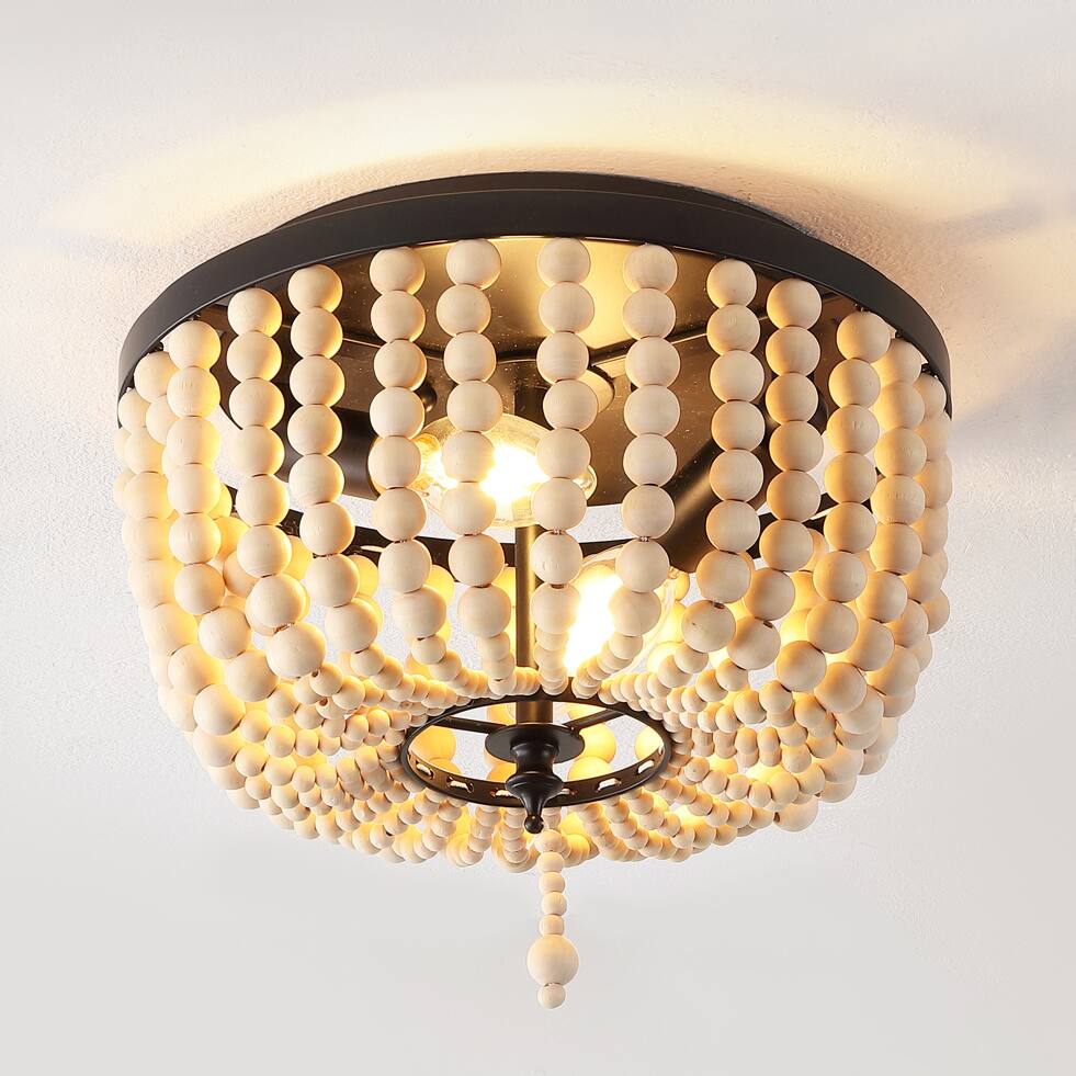 Alt View 1. Jonathan Y - Allison 10" 2-Light Shabby Chic Farmhouse Wood Beaded/Metal LED Flush Mount, Black/Cream - Black/Cream.