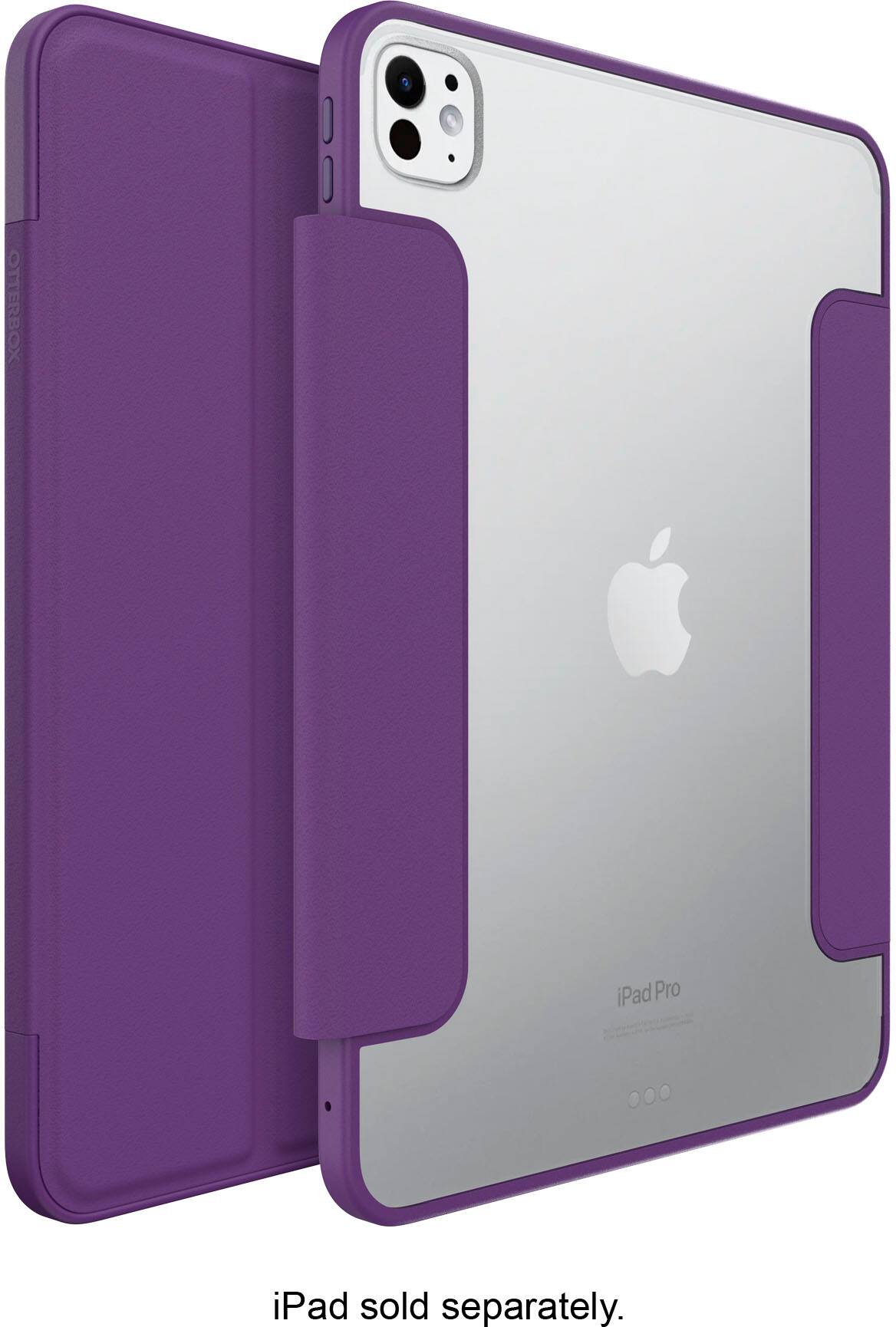 The image shows a purple and silver iPad Pro case. The case is designed to protect the iPad Pro and is sold separately. The case is made by Otterbox, a well-known brand for its durable and high-quality cases. The iPad Pro itself is not visible in the image, as it is covered by the case.
