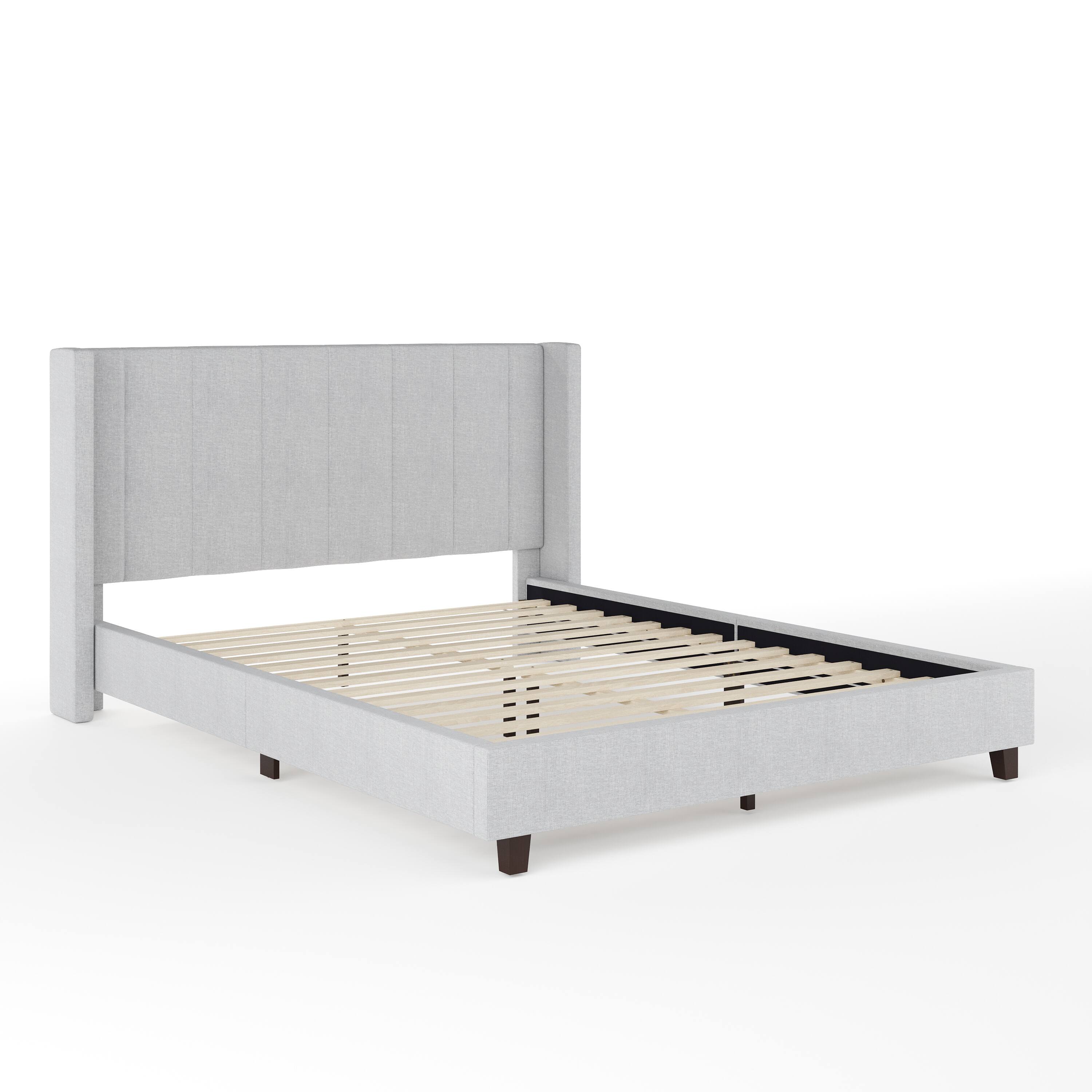 Alt View 11. Martha Stewart - Kay Faux Linen Queen Size Platform Bed with Channel Stitched Headboard - Gray Fabric/Black Legs.