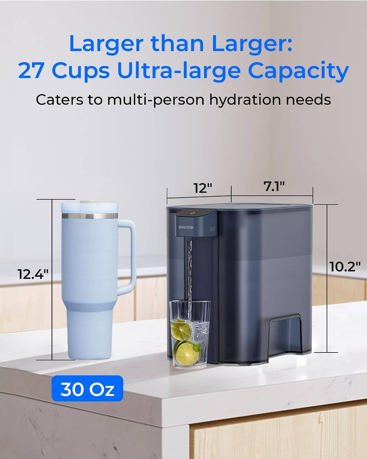 Larger than Larger: 27 Cups Ultra-large Capacity  
Caters to multi-person hydration needs  

12"  
7.1"  
12.4"  
10.2"  
30 Oz