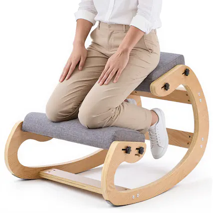 Front. VEVOR - Ergonomic Kneeling Chair, Wooden Posture Knee Chair with Adjustable Thick Foam Cushions & Solid Wood Frame - Natural wood frame + gray pad.