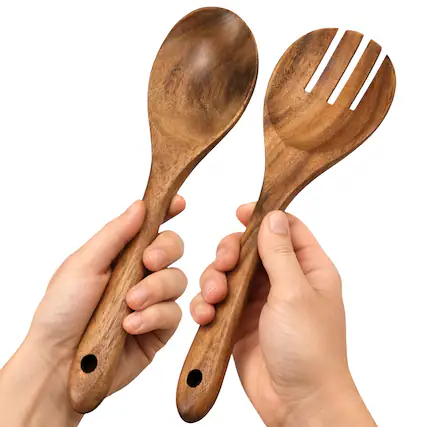 Front. Cheer Collection - Teak Wood Salad Spoon and Fork Set for Serving and Tossing - Brown.
