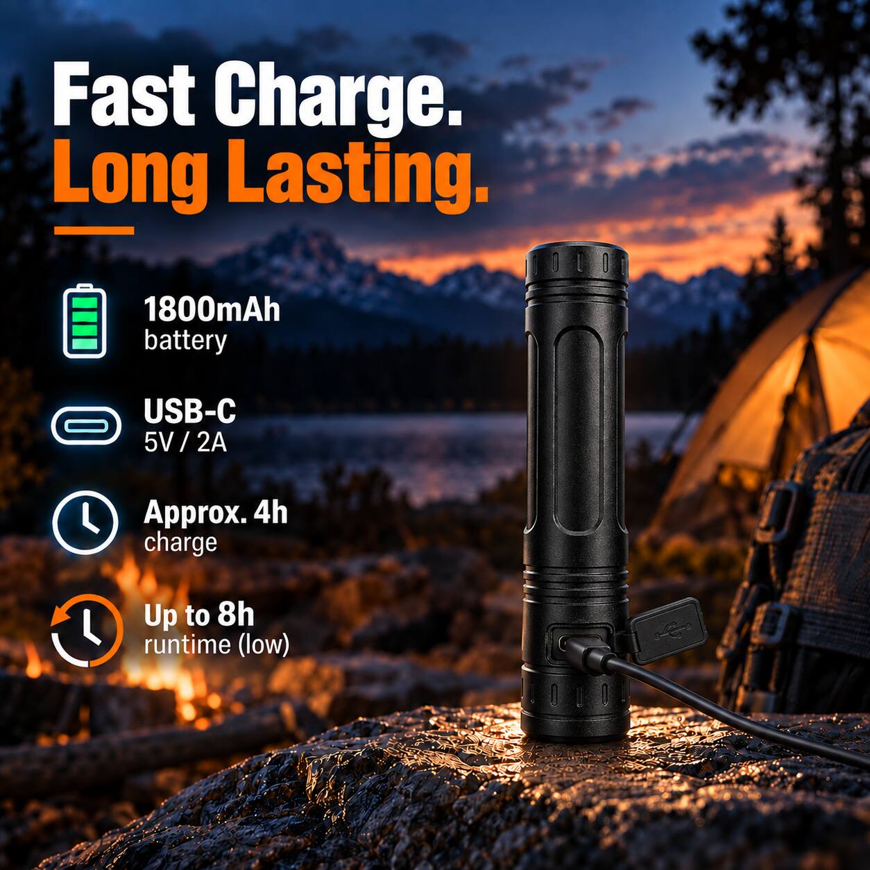 Fast Charge. Long Lasting.

1800mAh battery

USB-C 5V/2A

Approx. 4h charge

Up to 8h runtime (low)