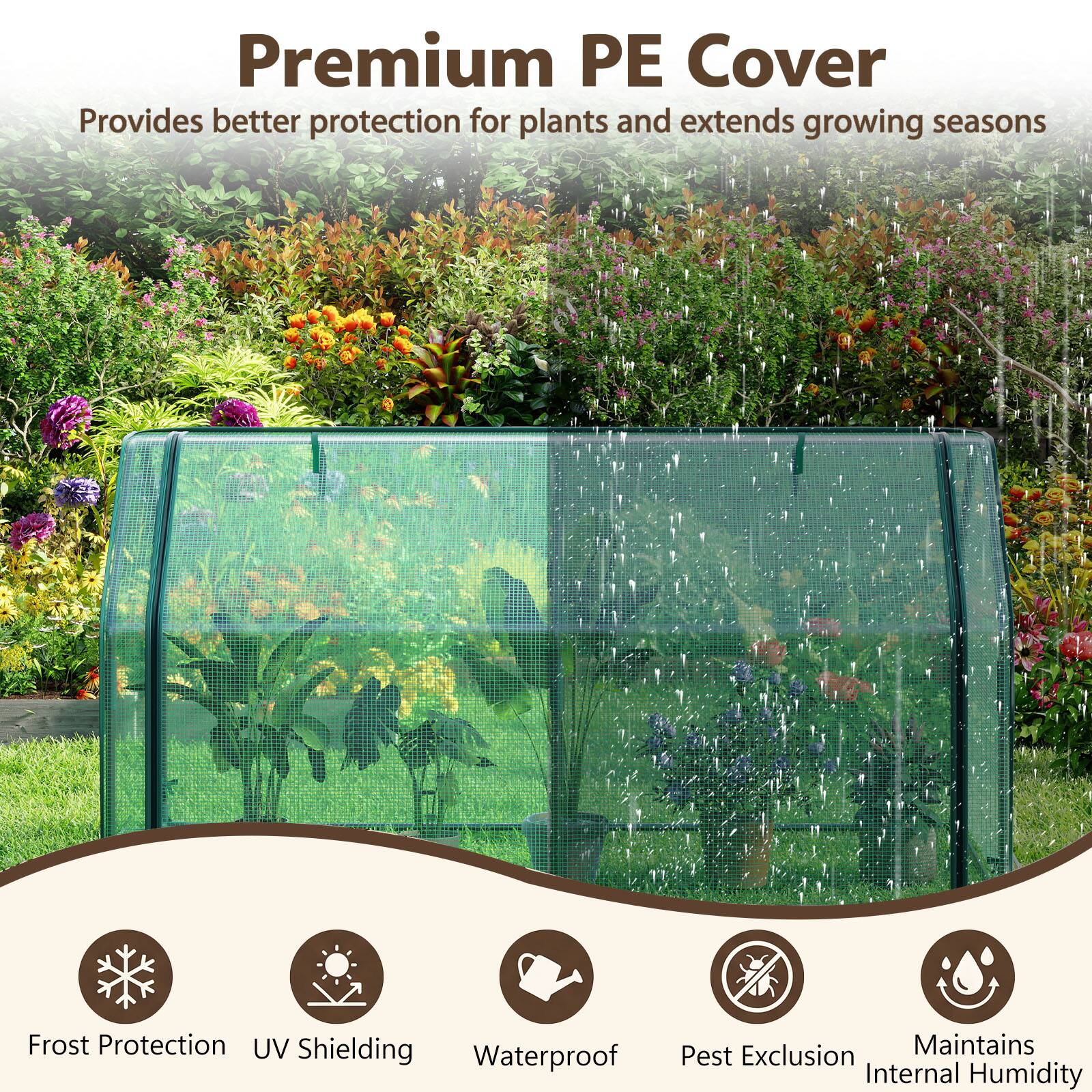 Premium PE Cover  
Provides better protection for plants and extends growing seasons

- Frost Protection
- UV Shielding
- Waterproof
- Pest Exclusion
- Maintains Internal Humidity