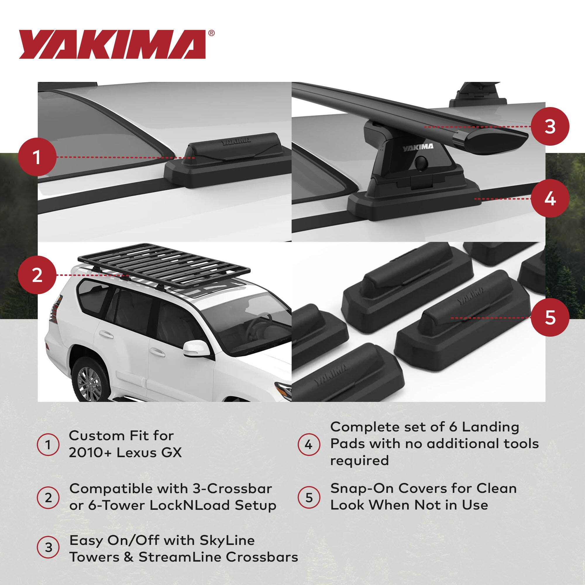 YAKIMA

1. Custom Fit for 2010+ Lexus GX
2. Compatible with 3-Crossbar or 6-Tower LockNLoad Setup
3. Easy On/Off with SkyLine Towers & StreamLine Crossbars
4. Complete set of 6 Landing Pads with no additional tools required
5. Snap-On Covers for Clean Look When Not in Use