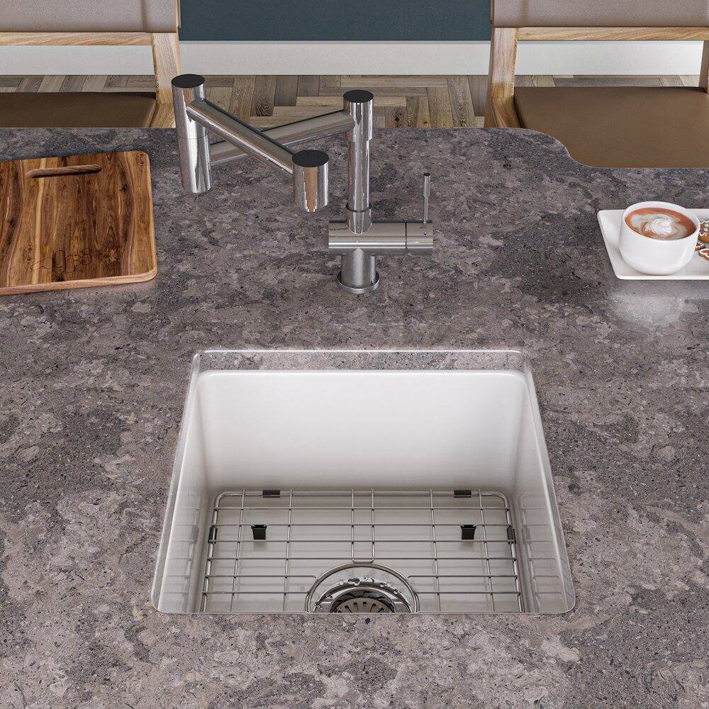 Angle. Alfi - White Square 18" x 18" Undermount / Drop In Fireclay Prep Sink - White.
