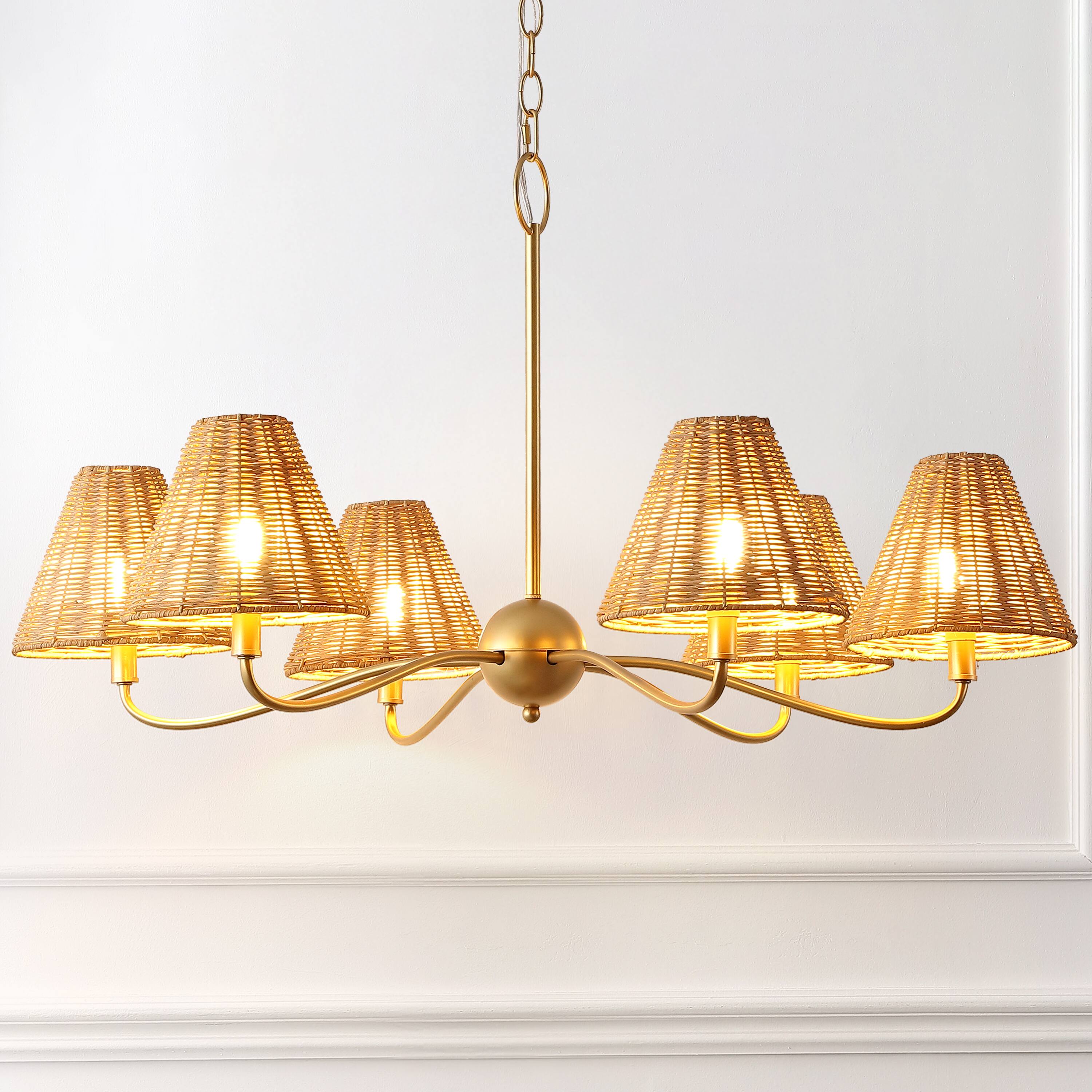 Alt View 1. Jonathan Y - Grady 35" 6-Light Adjustable Swooping Arm Metal with Hand-Woven Rattan Shades LED Chandelier, Gold Painting/Brown - Gold Painting.