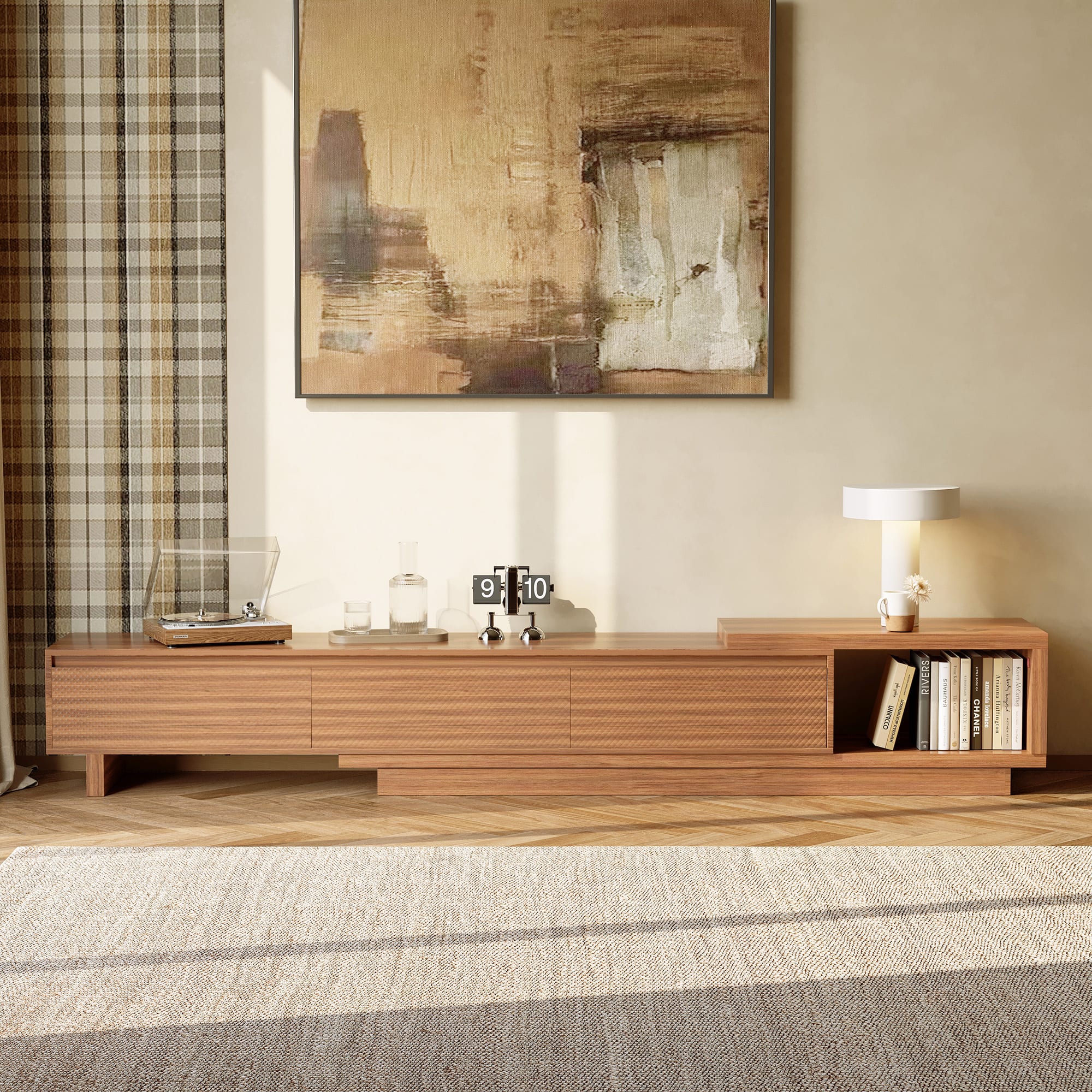 luck idea - 78.74"–102.3" Extendable TV Stand with 3 Drawers, Textured Front Design & Modern Media Console for Living Room - Walnut Color