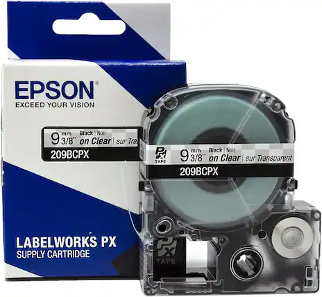 EPSON
EXCEED YOUR VISION
9 mm 3/8" on Clear | Noir sur Transparent
209BCPX
LABELWORKS PX
SUPPLY CARTRIDGE