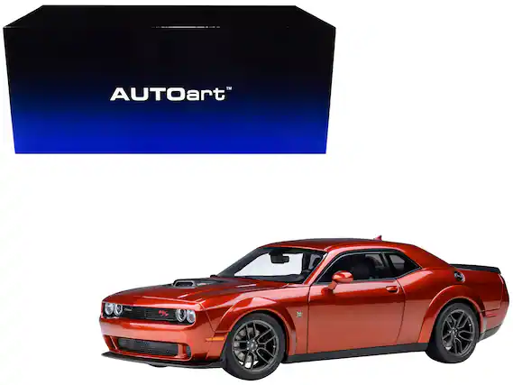Front. Autoart - 2022 Dodge Challenger R/T Scat Pack Widebody Sinamon Stick Orange 1/18 Model Car by Autoart - Orange.