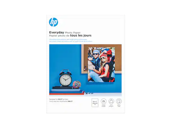 hp Everyday Photo Paper
Papier photo de tous les jours
Affordable photo projects with bright glossy photo paper
Des projets photo abordables avec du papier photo glacé brillant
Designed for INKJET printers
Conçu pour les imprimantes INKJET
8.5x11"
216x279 mm
25 Sheets
25 Feuilles
53 lb
200 g/m²
Glossy
Glace