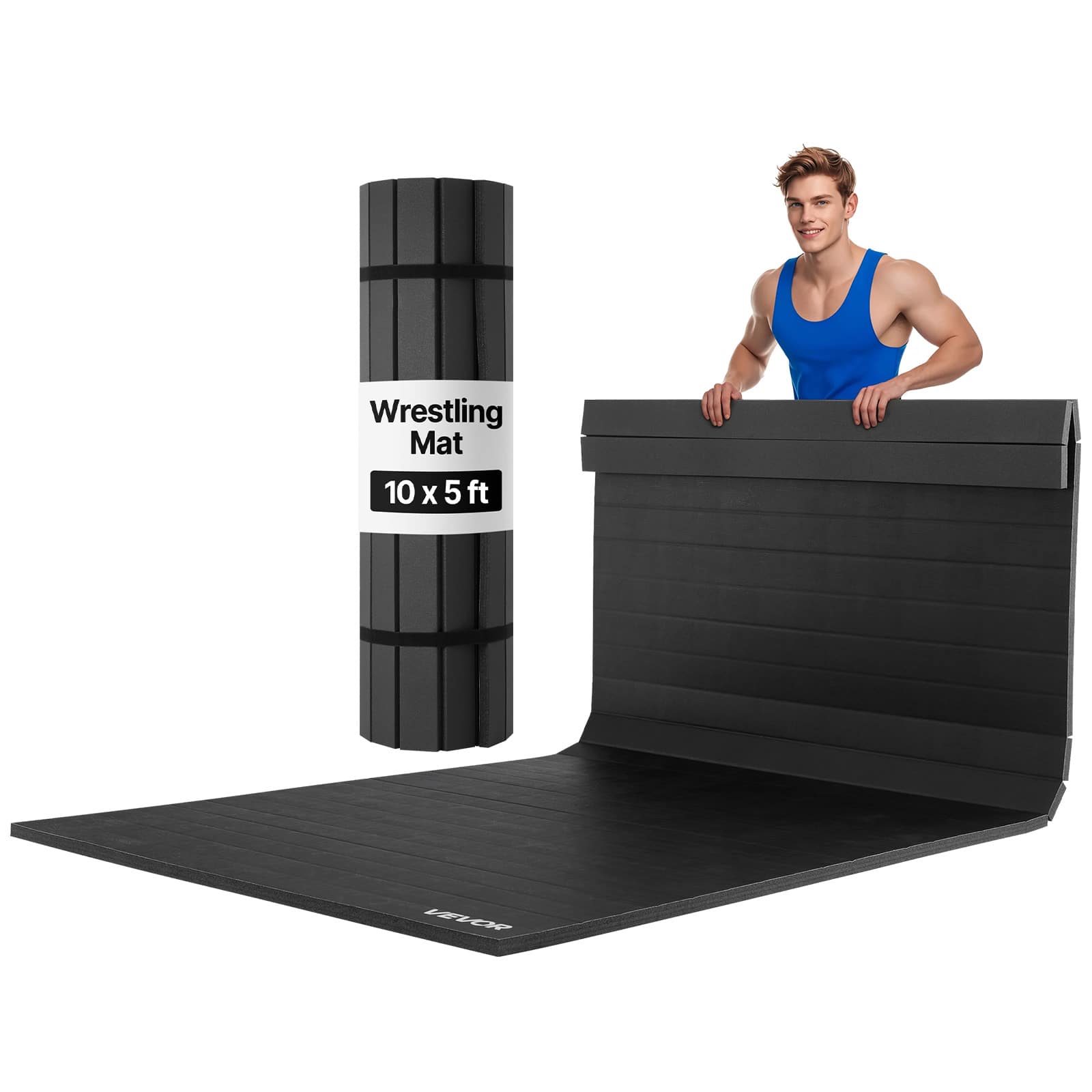 VEVOR - 10x5 ft Wrestling Mat, Martial Arts Thick Mat for Home Gym Workouts Exercise, Waterproof PVC Roll-Up Training Mats - Black