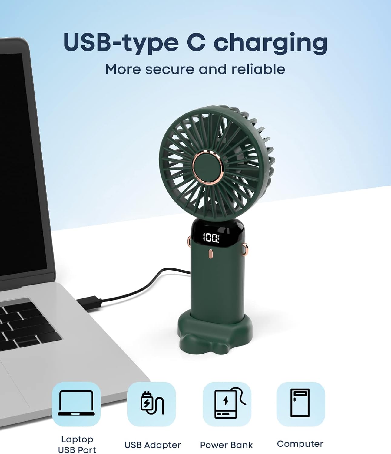 USB-type C charging  
More secure and reliable  

- Laptop USB Port  
- USB Adapter  
- Power Bank  
- Computer
