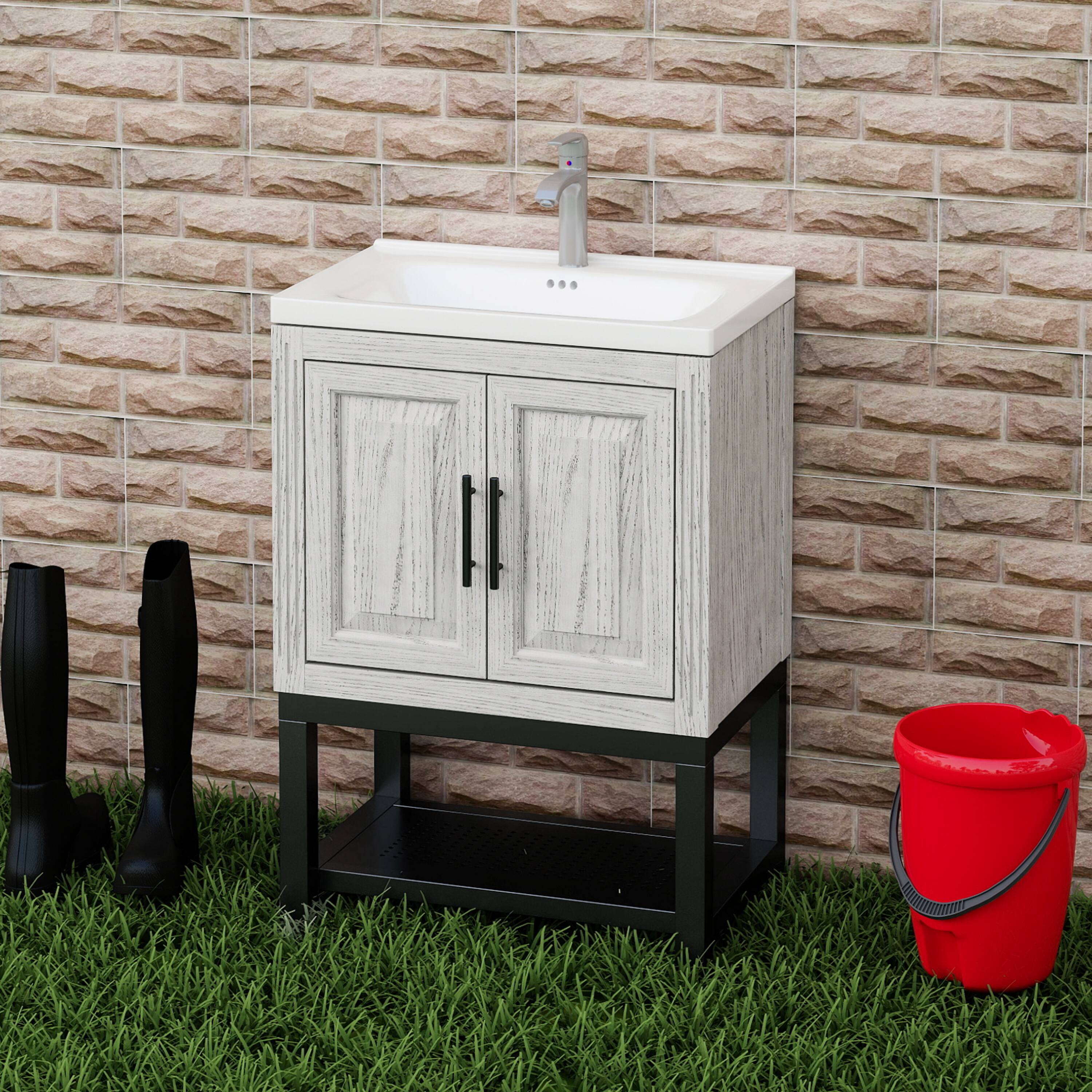 Left. TinyHomie - 24in Bathroom Vanity with White Ceramic Sink and Hot and Cold Faucet Freestanding Bathroom Cabinet with 2 Storage Doors - White.