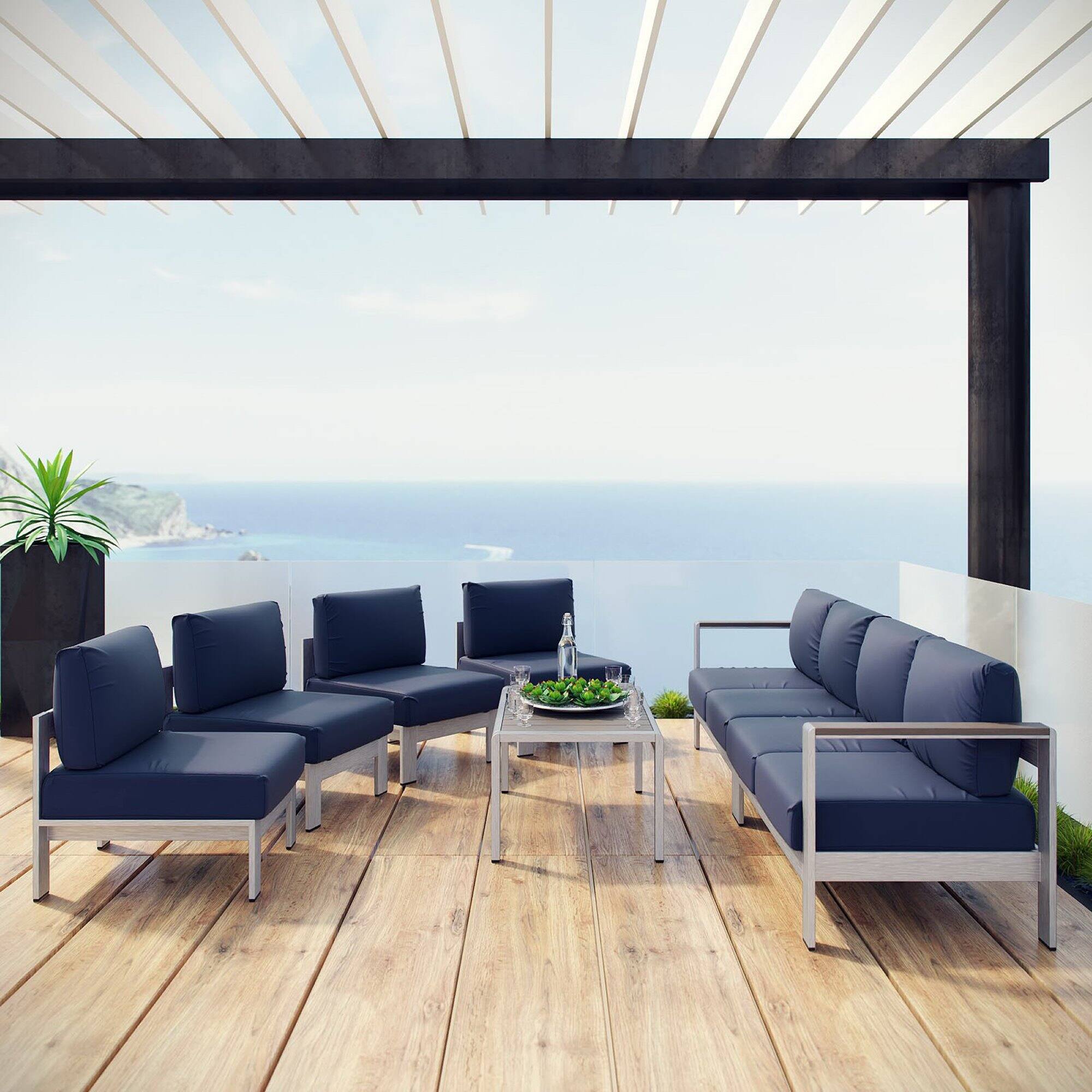 Alt View 3. Modway - Shore 7-Piece Outdoor Patio Sectional Sofa Set - Silver Navy.