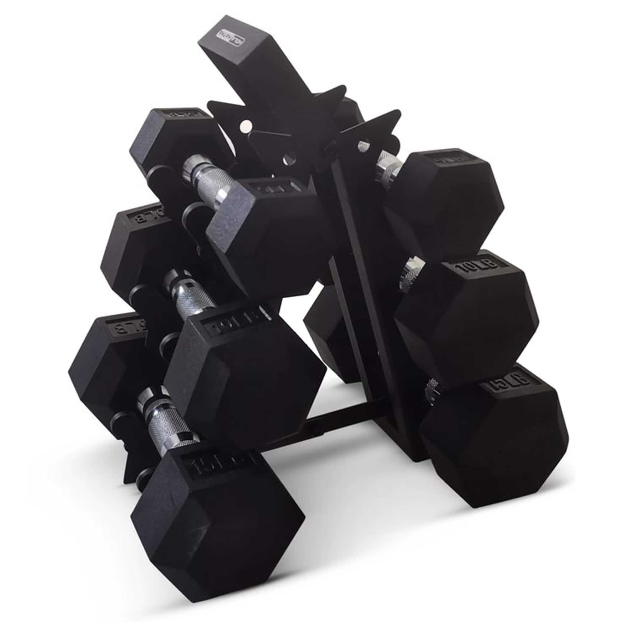 HolaHatha - Hexagonal Dumbbell Free Hand Weight Set w/Rack, 5, 10, & 15 Lbs - Black