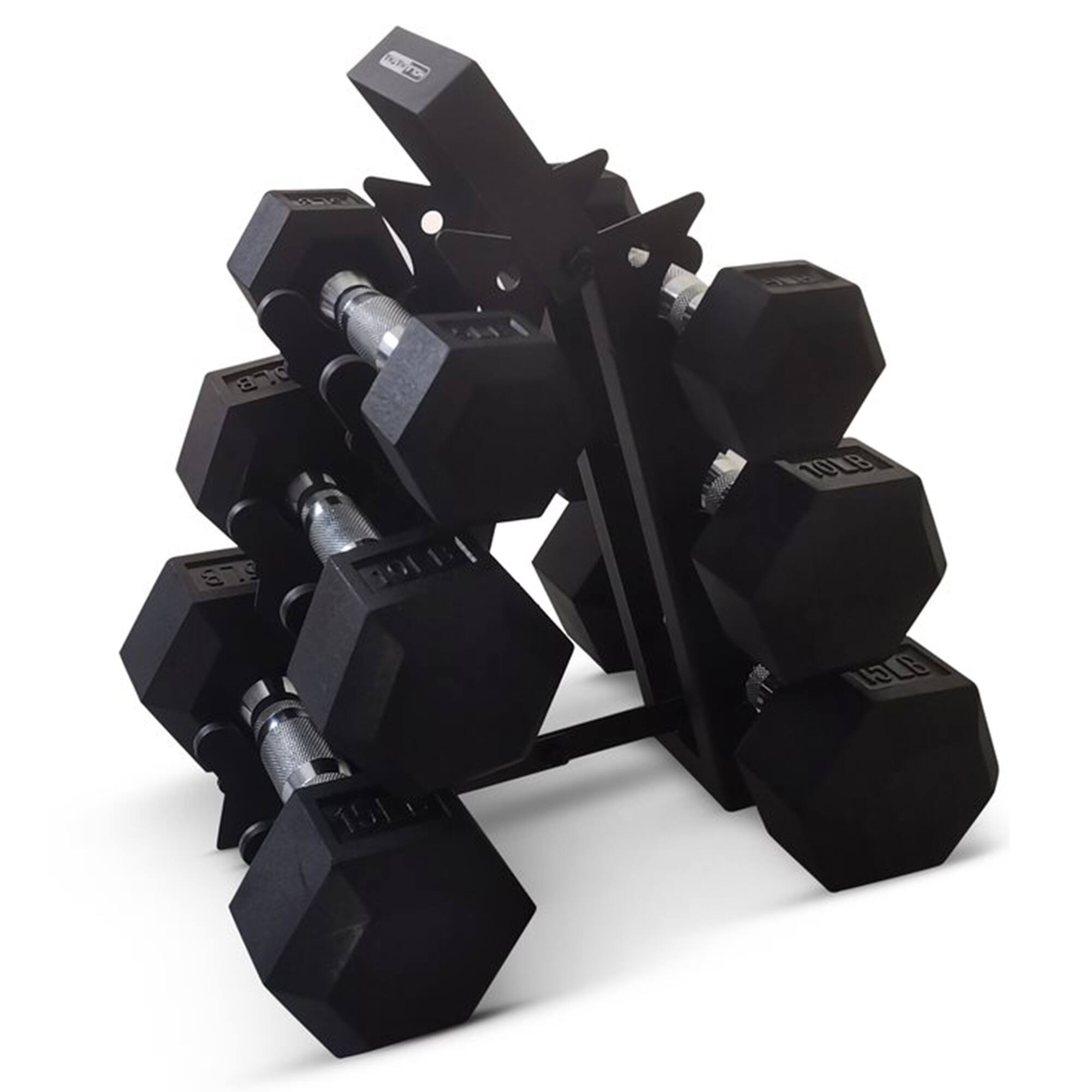 HolaHatha - Hexagonal Dumbbell Free Hand Weight Set w/Rack, 5, 10, & 15 Lbs - Black
