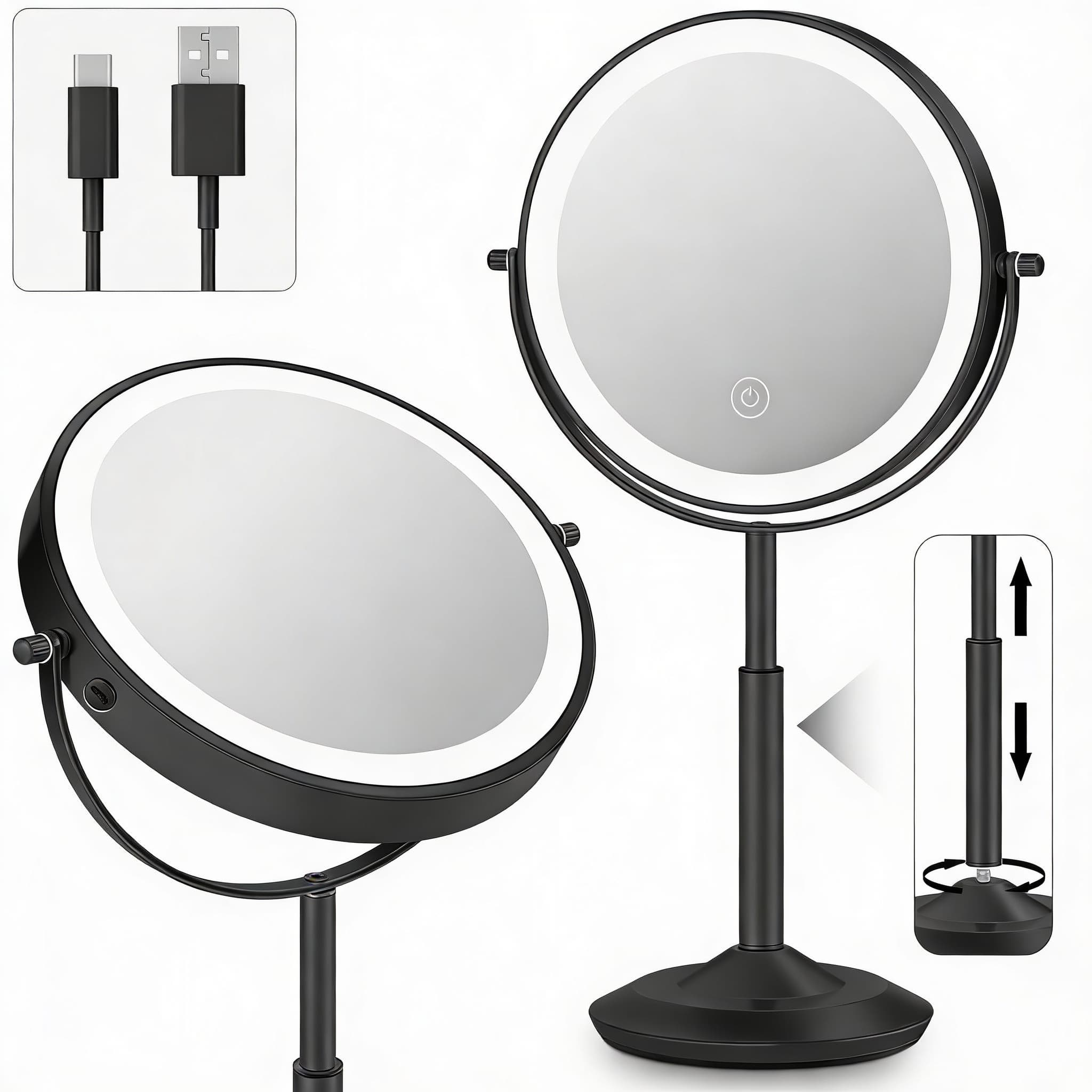PO3TICJUNKI3 - Makeup Mirror With Lights 1x 30x Lighted Magnifying Height Adjustable Rechargeable Double Sided Vanity Mirr - Black