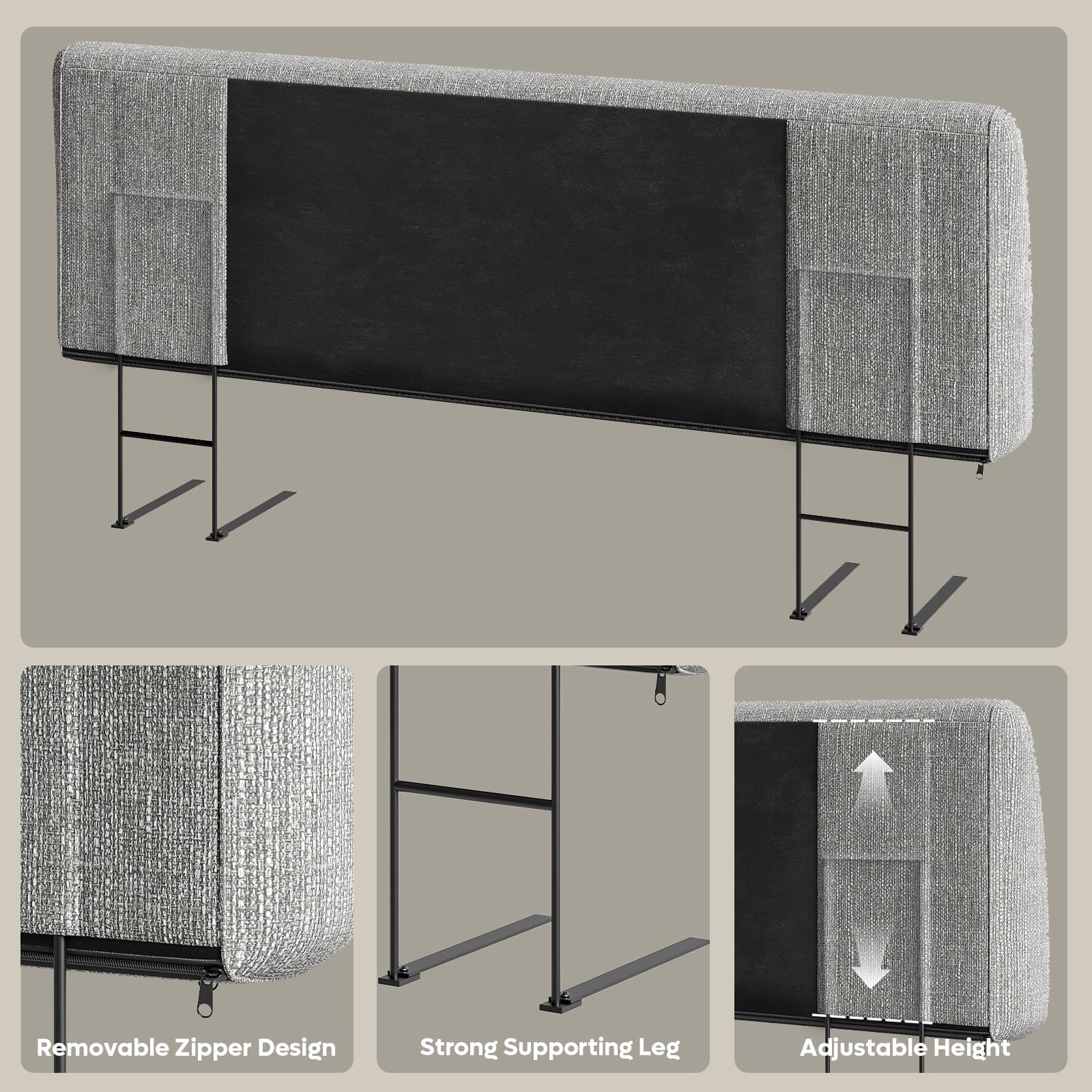 The image features a large, long, and wide piece of furniture with a black screen. The furniture is designed with removable zippers, providing flexibility and customization. The strong supporting legs ensure stability, while the adjustable height allows for easy adjustment to suit the user's preferences. The combination of these features makes the furniture both functional and versatile.