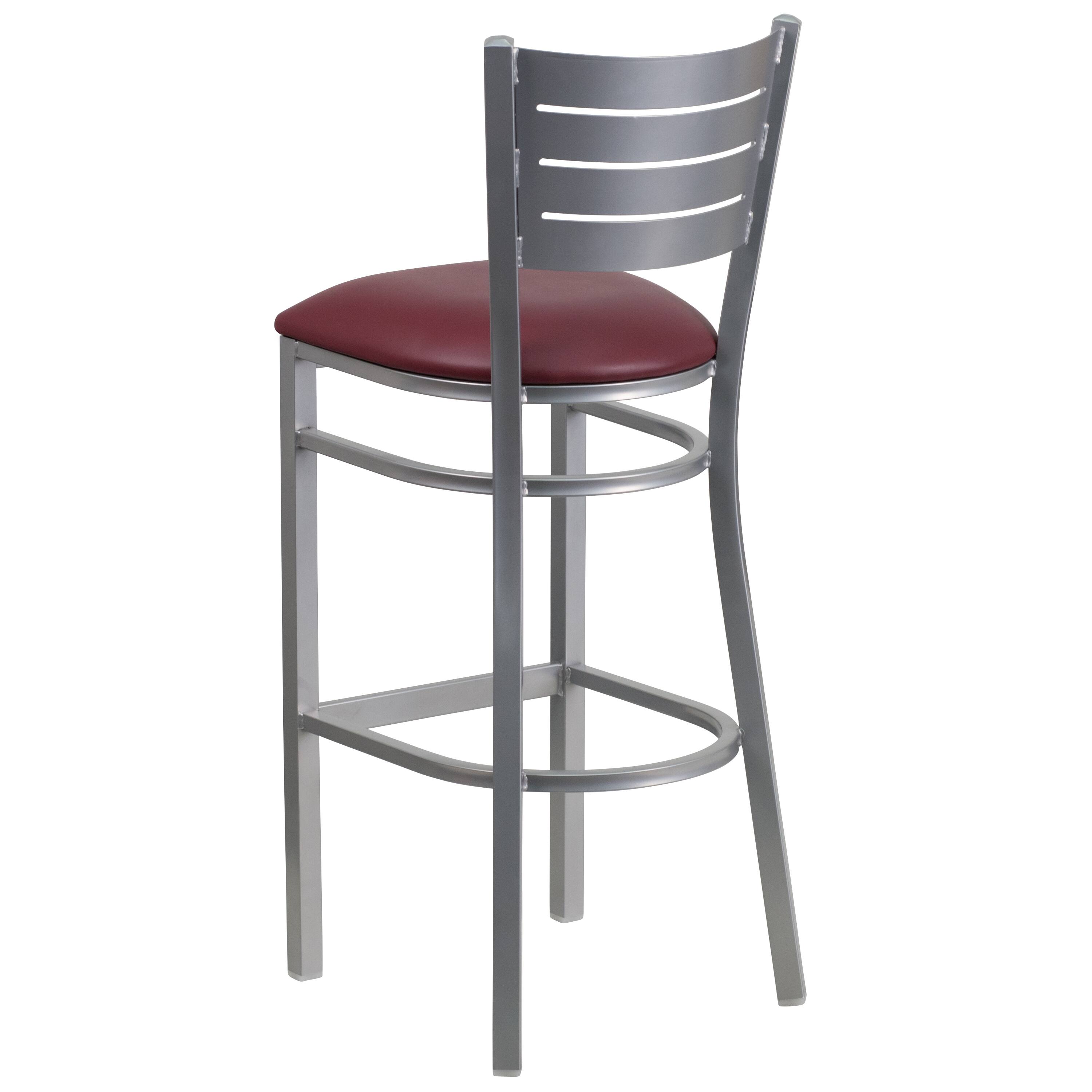 Alt View 4. Emma + Oliver - 2 Pack Silver Slat Back Metal Restaurant Barstool - Burgundy Vinyl Seat/Silver Frame.