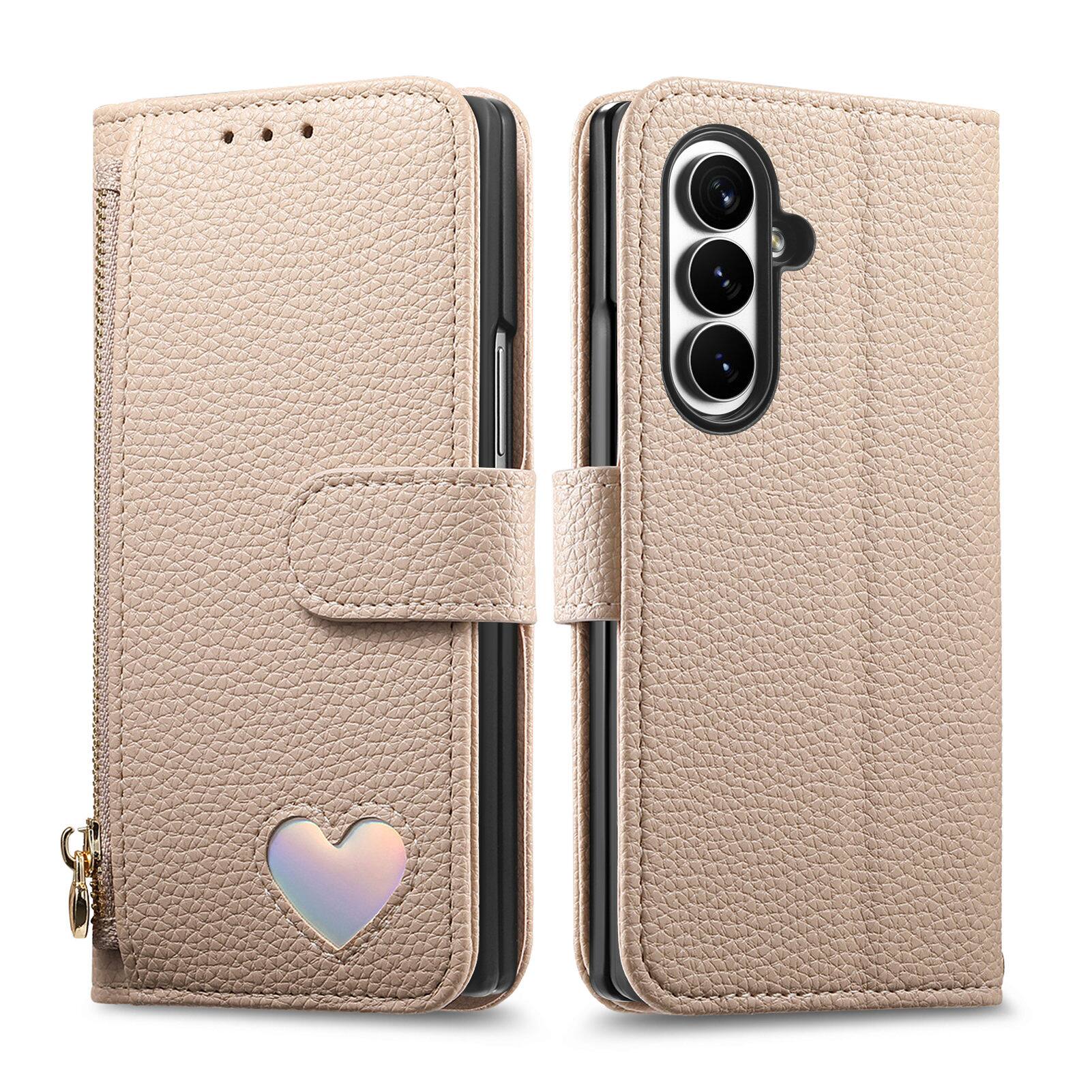 Angle. Dteck - PU Leather Wallet Case for Samsung Galaxy Z Fold8 Ultra with Wrist Strap Zipper Pocket, Protective Folio Kickstand Cover - Khaki.