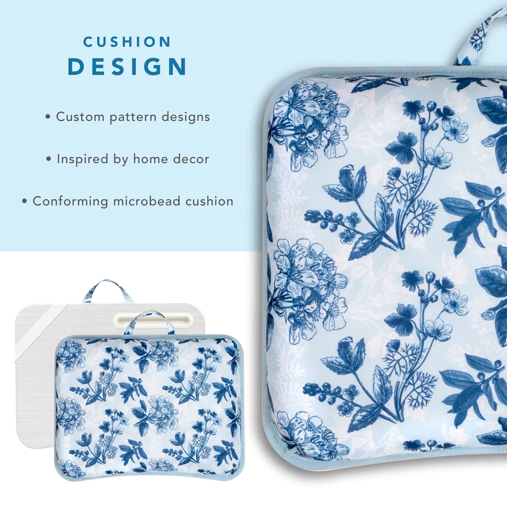 Cushion Design: Custom pattern designs inspired by home decor. Conforming microbead cushion.