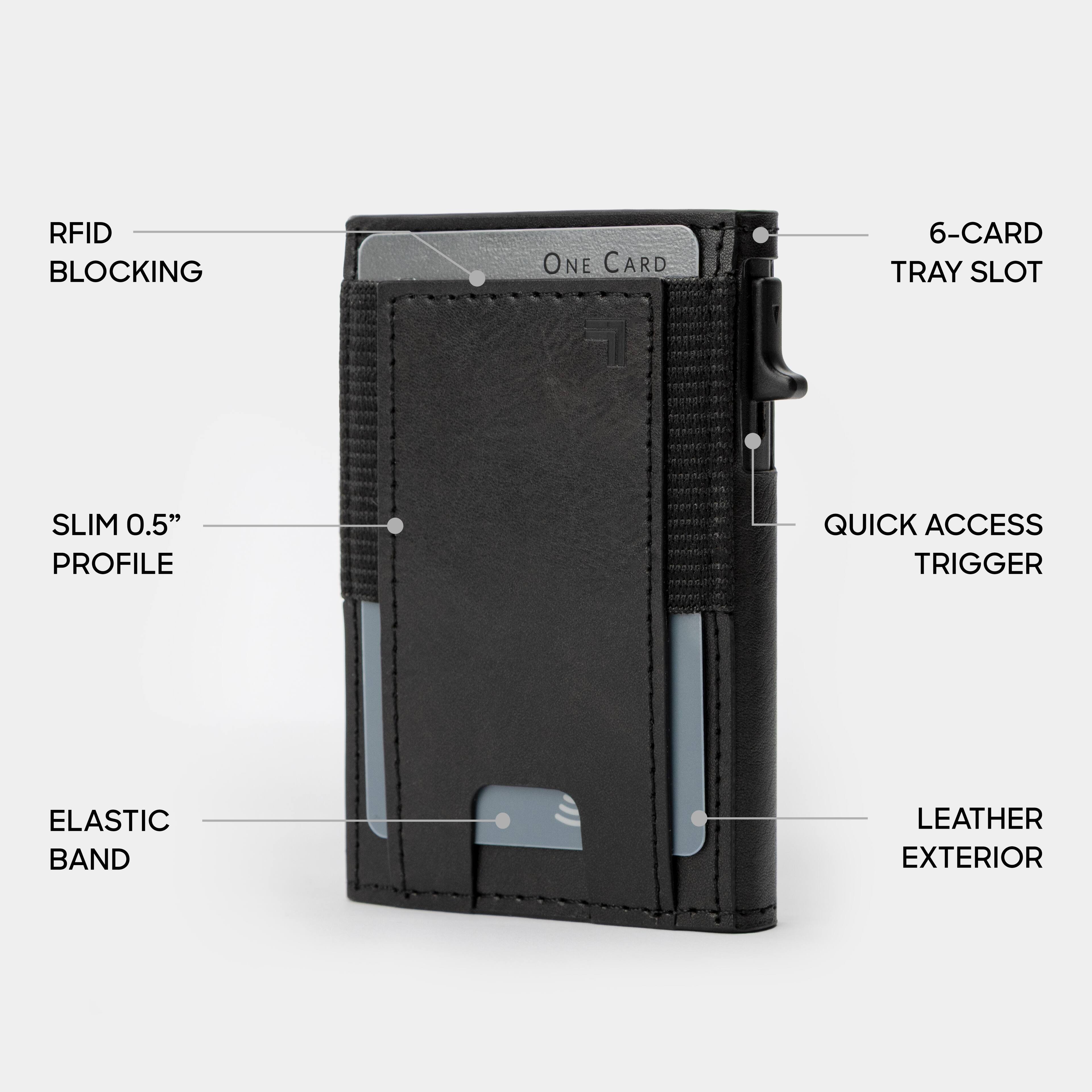 RFID BLOCKING  
6-CARD TRAY SLOT  
SLIM 0.5" PROFILE  
QUICK ACCESS TRIGGER  
ELASTIC BAND  
LEATHER EXTERIOR