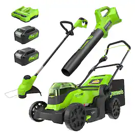 Greenworks - 24V 17" Brushless Cordless Push Lawn Mower +Blower + 12" String Trimmer, w/(2) 4.0Ah Batteries and Charger - Green