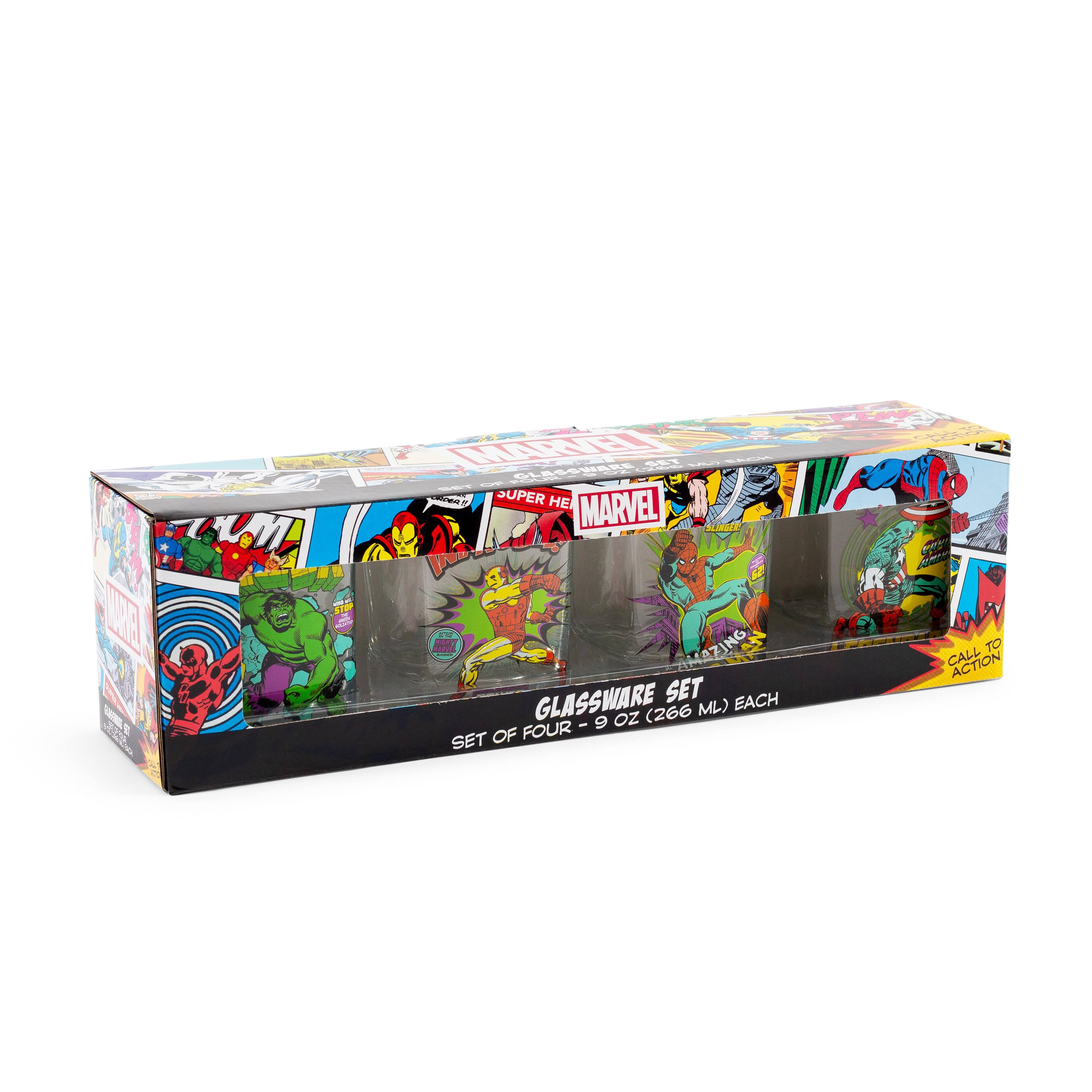 Sure, here is the corrected and grouped text from the image:

---

**Top Left:**
- "SUPER MARVEL"

**Top Center:**
- "MARVEL"

**Top Right:**
- "CALL TO ACTION"

**Middle Left:**
- "GLASSWARE SET"

**Middle Center:**
- "SET OF FOUR - 9 OZ (266 ML) EACH"

**Bottom Center:**
- "GLASSWARE SET"

**Bottom Right:**
- "CALL TO ACTION"

**Side Panels:**
- Various Marvel characters and comic book-style illustrations.

---