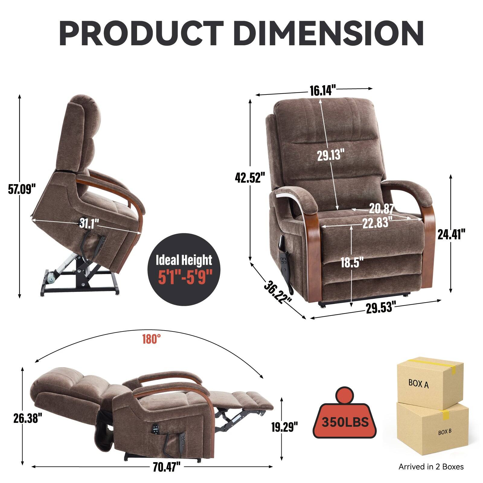 **PRODUCT DIMENSION**

- **Chair Dimensions:**
  - Height: 57.09"
  - Width: 31.1"
  - Depth: 42.52"
  - Seat Height: 18.5"
  - Seat Depth: 29.53"
  - Armrest Height: 20.87"
  - Armrest Width: 22.83"
  - Back Height: 29.13"
  - Back Width: 16.14"
  - Side to Side: 24.41"

- **Reclined Dimensions:**
  - Height: 26.38"
  - Width: 70.47"
  - Depth: 36.22"

- **Ideal Height:** 5'1" - 5'9"

- **Weight Capacity:** 350LBS

- **Boxes:**
  - BOX A: 26.38" x 19.29" x 350LBS
  - BOX B: 70.47"

- **Arrived in:** 2 Boxes