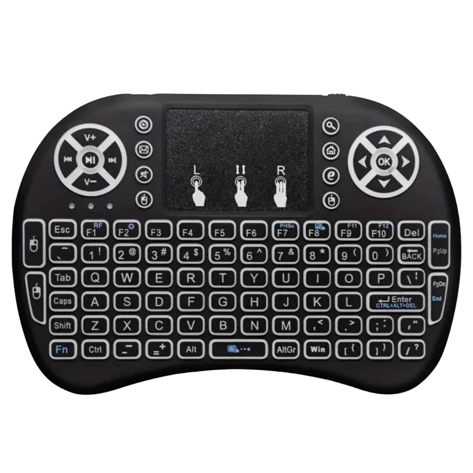 V+ V- H L R

Esc F1 F2 F3 F4 F5 F6 F7 F8 F9 F10 F11 F12 Del Home

1 ! 2 @ 3 # 4 $ 5 % 6 ^ 7 & 8 * 9 ( 0 ) BACK

Tab Q W E R T Y U I O P / Enter

Caps A S D F G H J K L

Shift Z X C V B N M , . - '

Fn Ctrl - + = Alt AltGr Win { [ ] } | ? 

CTRL+ALT+DEL PgDn End

PgUp

OK

Ctrl Alt Win