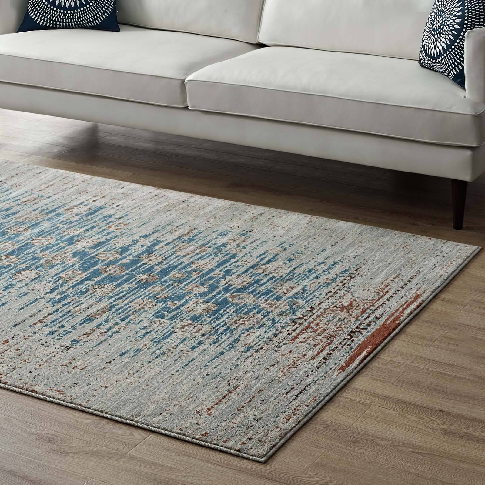 Back. Modway - Hesper Distressed Contemporary Floral Lattice Area Rug - Teal Beige and Brown.