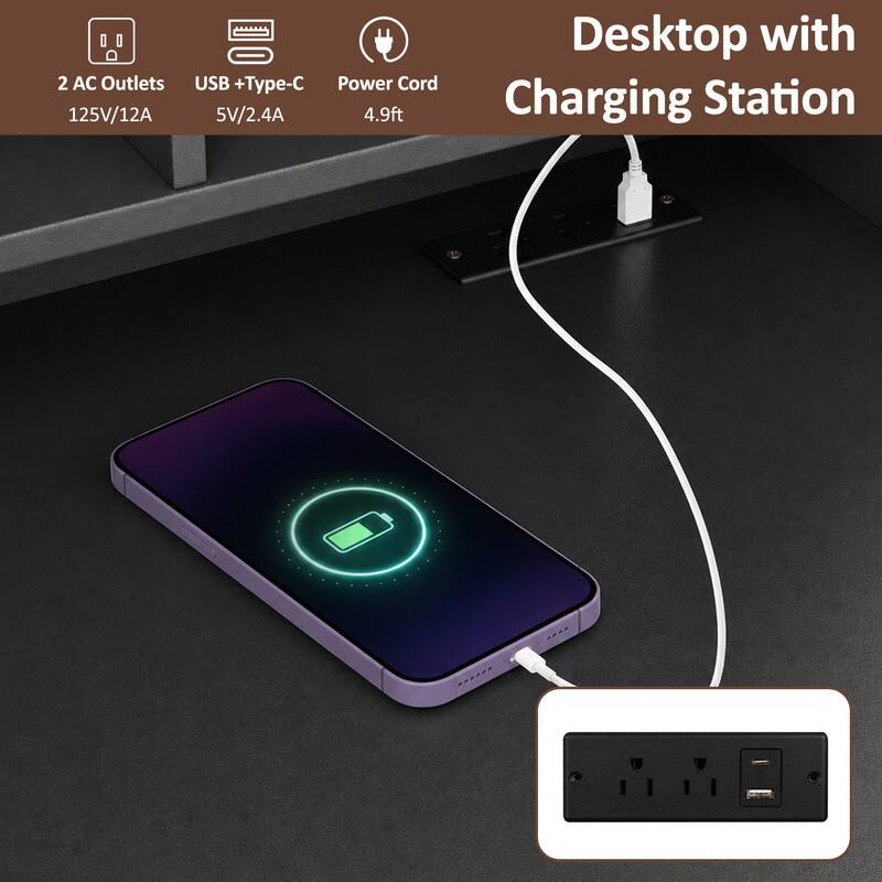 2 AC Outlets 125V/12A Desktop with USB +Type-C Power Cord 5V/2.4A 4.9ft Charging Station
