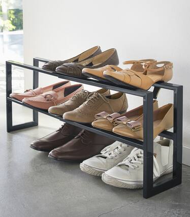 Front. Yamazaki Home - Two-Tier Expandable Shoe Rack (12" H) - Steel - Black.