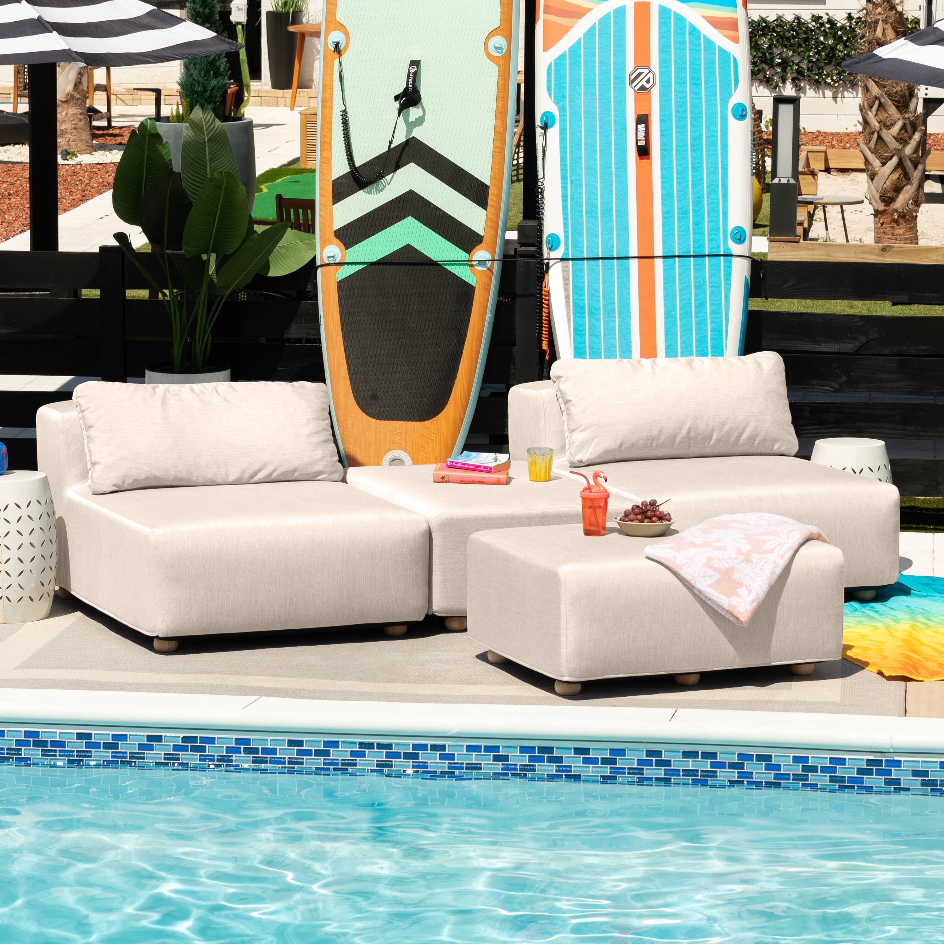 Alt View 1. Jaxx - Jaxx Vada Outdoor Sun Lounger Luxury Modular Chaise & Ottoman with Sunbrella Fabric & Waterproof Cover, Sunbrella Flax - Flax.