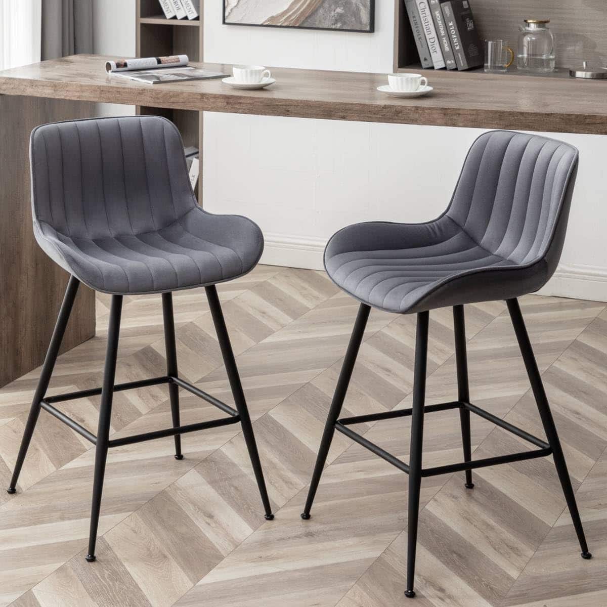 JETRANSPORT - Counter Height Bar Stools Modern Barstools Set Of 2 With Black And Fabric Seat For Kitchen Island Grey - Gray