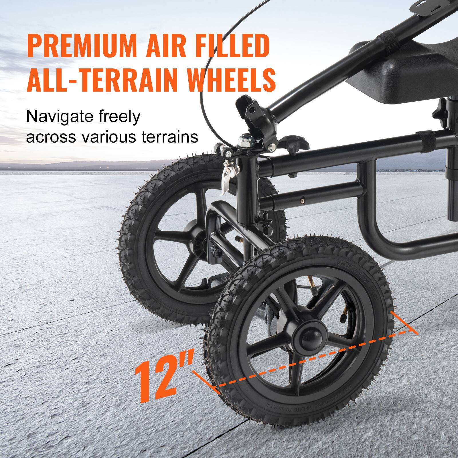 PREMIUM AIR FILLED ALL-TERRAIN WHEELS Navigate freely across various terrains 12"