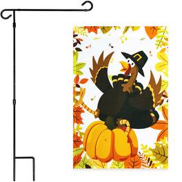 G128 - Deluxe Garden Flag Stand 36" x 16" with 12" x 18" Pilgrim Turkey with Pumpkin Flag - Assorted Colors