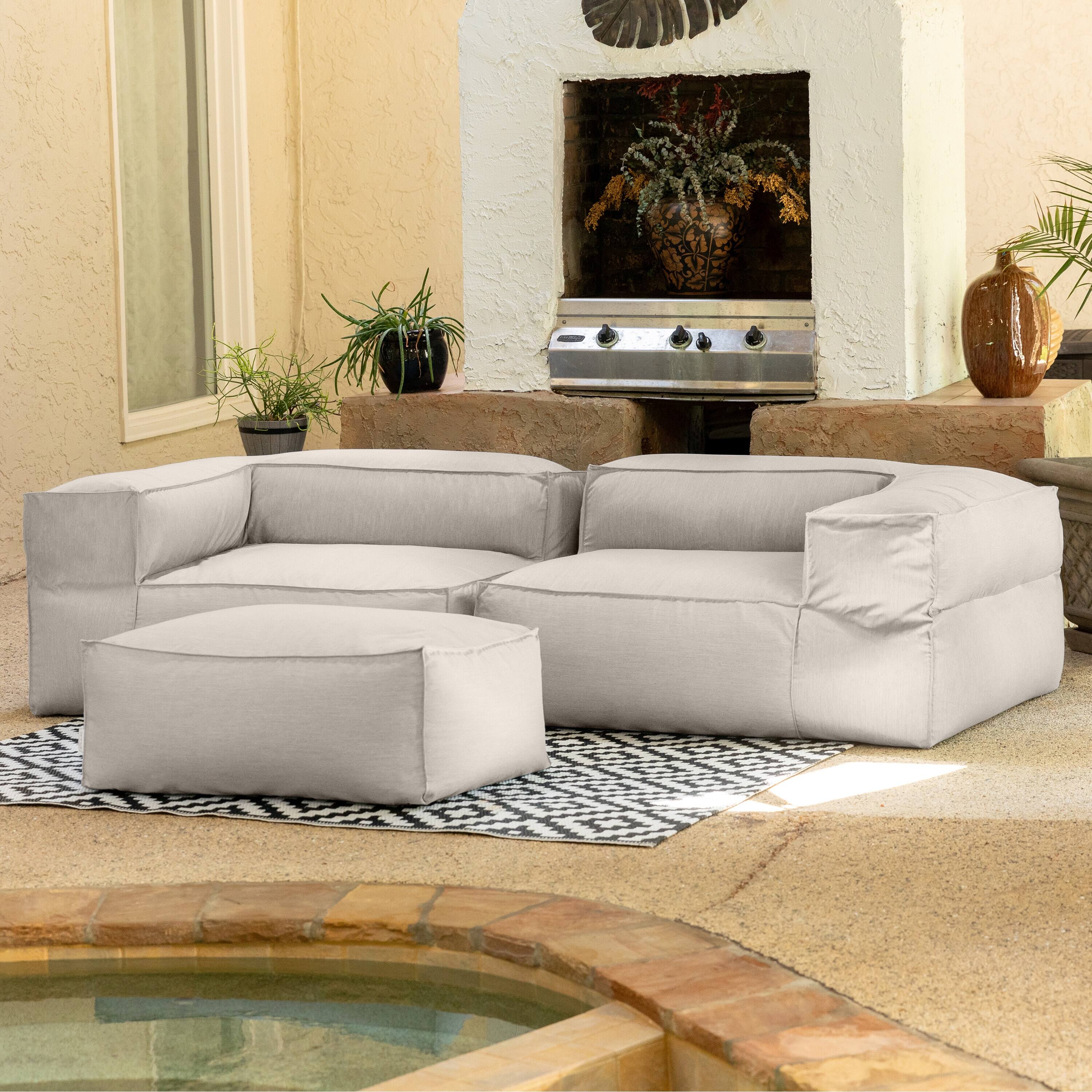 Left. Jaxx - Baya Outdoor Ottoman - Sunbrella, Silver - Silver.