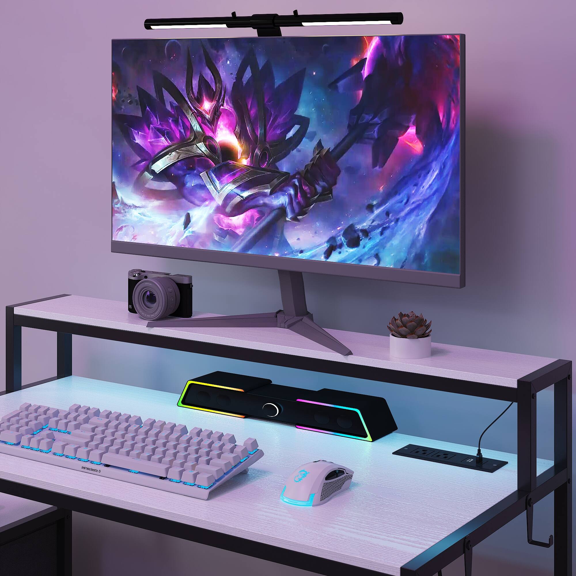 Alt View 5. Famapy - Gaming Desk with RGB Lights, Built-in Power Outlets, Cable Management & Storage for Immersive Setup - White & Black.