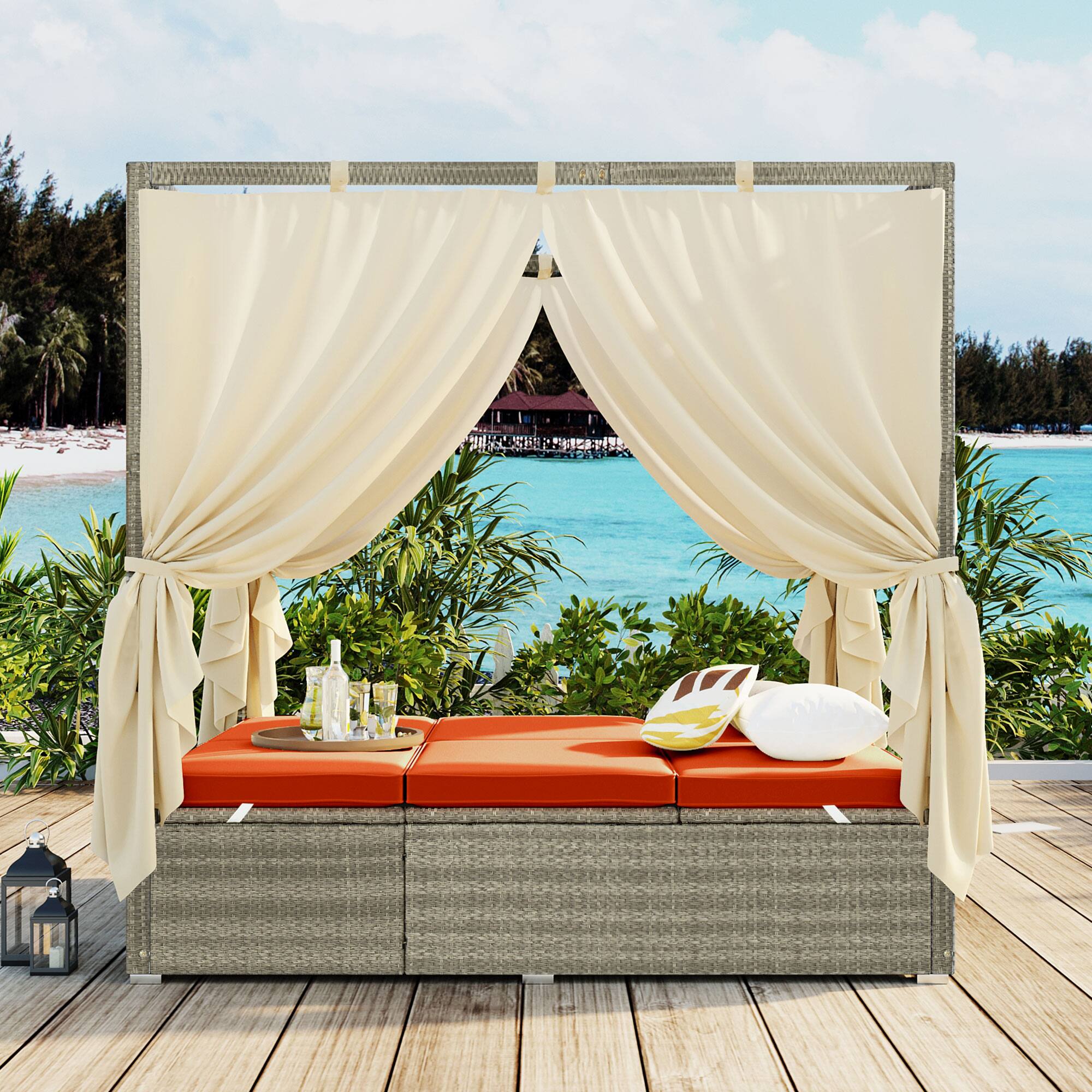 Angle. Mondawe - Outdoor Adjustable Sun Lounger with Canopy, Recline and Removable Cushion - Orange.