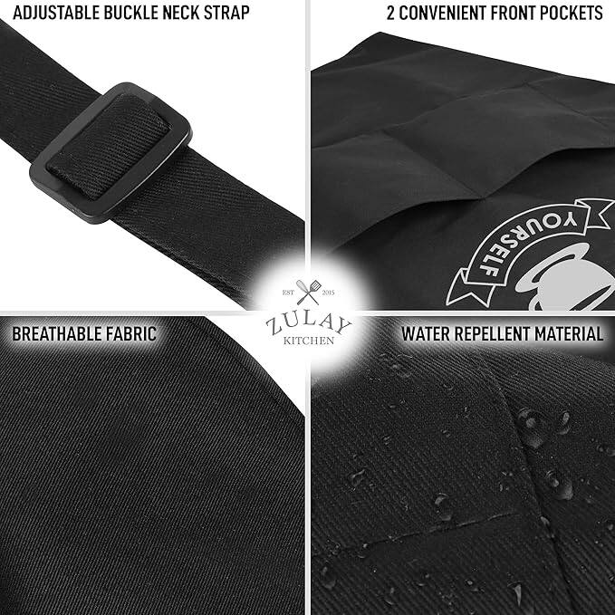 - ADJUSTABLE BUCKLE NECK STRAP
- 2 CONVENIENT FRONT POCKETS
- BREATHABLE FABRIC
- WATER REPELLENT MATERIAL

ZULAY KITCHEN
EST 2015