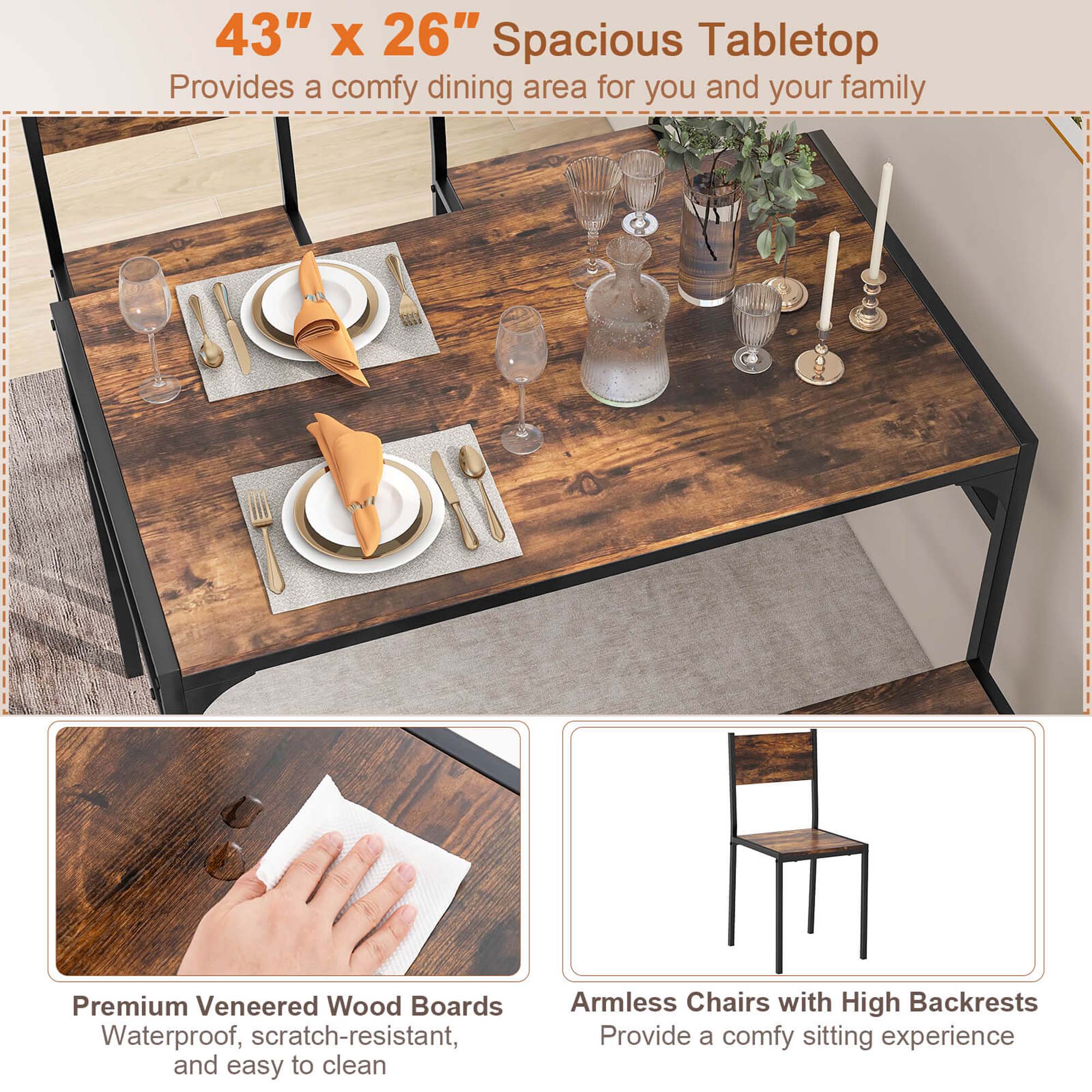 The image features a wooden dining table with a 43" x 26" spacious tabletop, providing a comfortable dining area for you and your family. The table is accompanied by premium veneered wood boards, which are waterproof, scratch-resistant, and easy to clean. Additionally, the table is set with various items such as wine glasses, cups, forks, knives, and spoons.

The table is also accompanied by two chairs, one on the left and one on the right, offering comfortable seating options for those dining at the table. The chairs have high backrests, providing extra support and comfort for the users. Overall, the image showcases a well-equipped and inviting dining area for you and your family to enjoy.