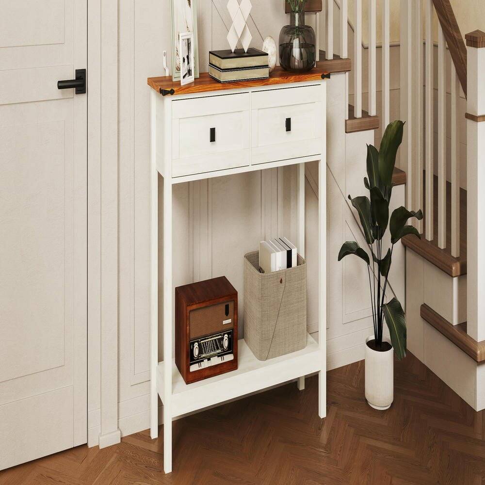 Left. Kadyn - Farmhouse Style Console Table - 2 Drawers & Bottom Storage Shelf, Rustic Side Table for Entryway, Living Room, Hallway - White.