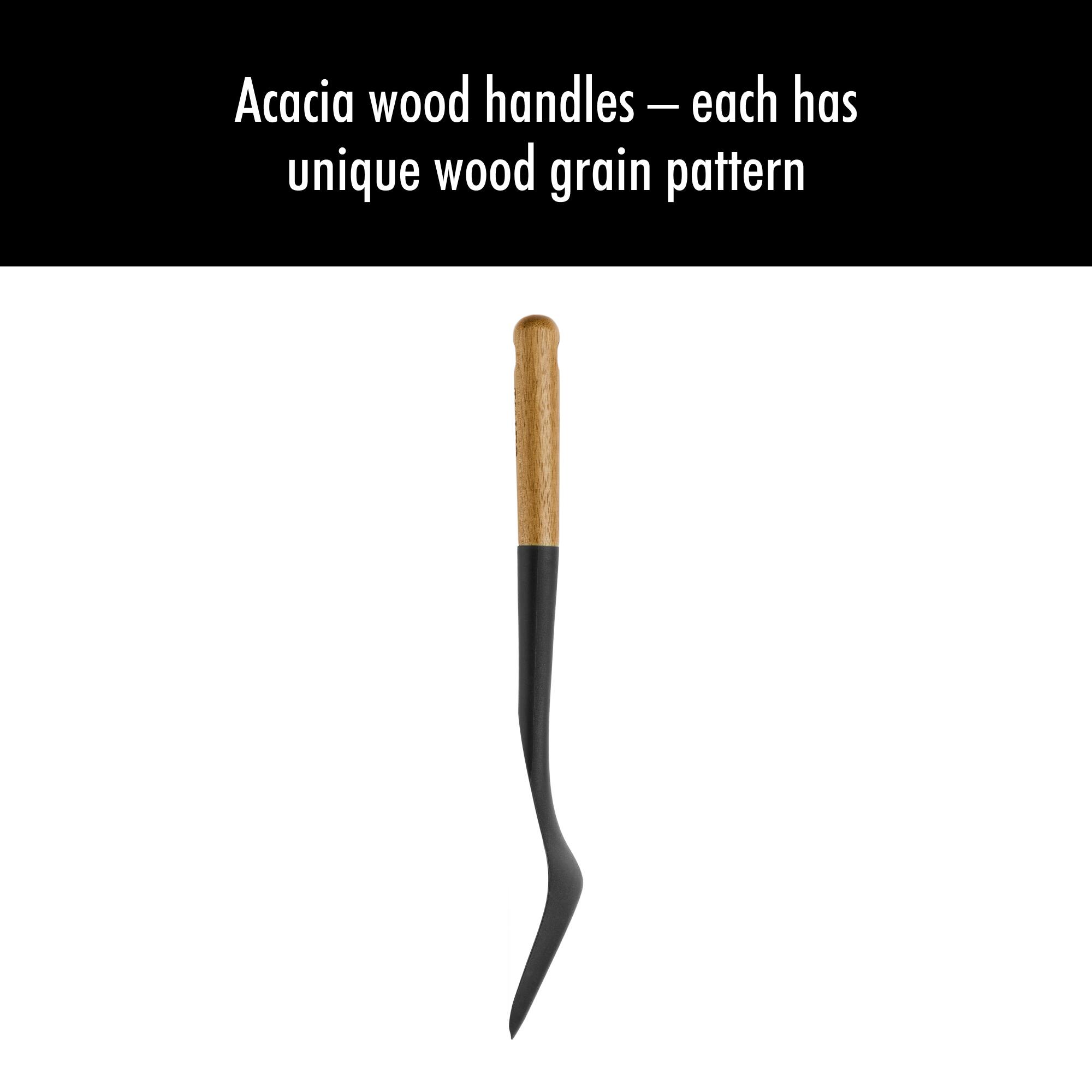 Acacia wood handles — each has unique wood grain pattern
