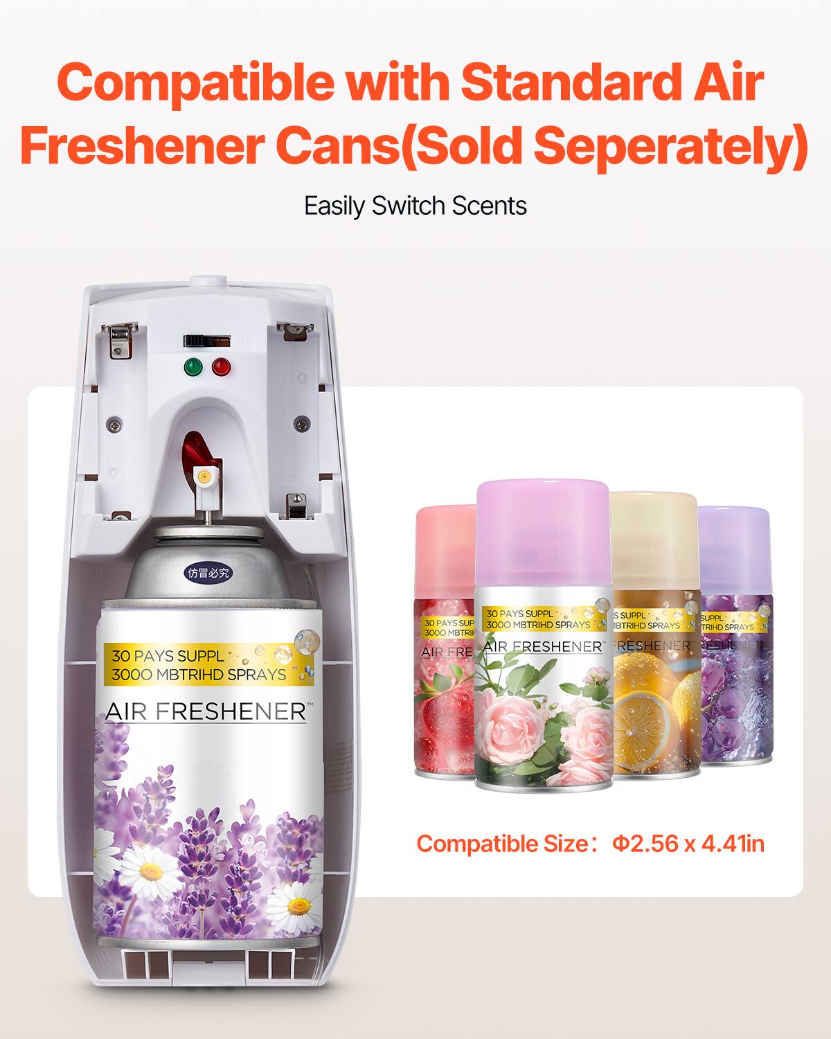 Compatible with Standard Air Freshener Cans (Sold Separately)  
Easily Switch Scents  

30 PAYS SUPPL 3000 MBTRIHD SPRAYS  
AIR FRESHENER  

Compatible Size: Ø2.56 x 4.41in