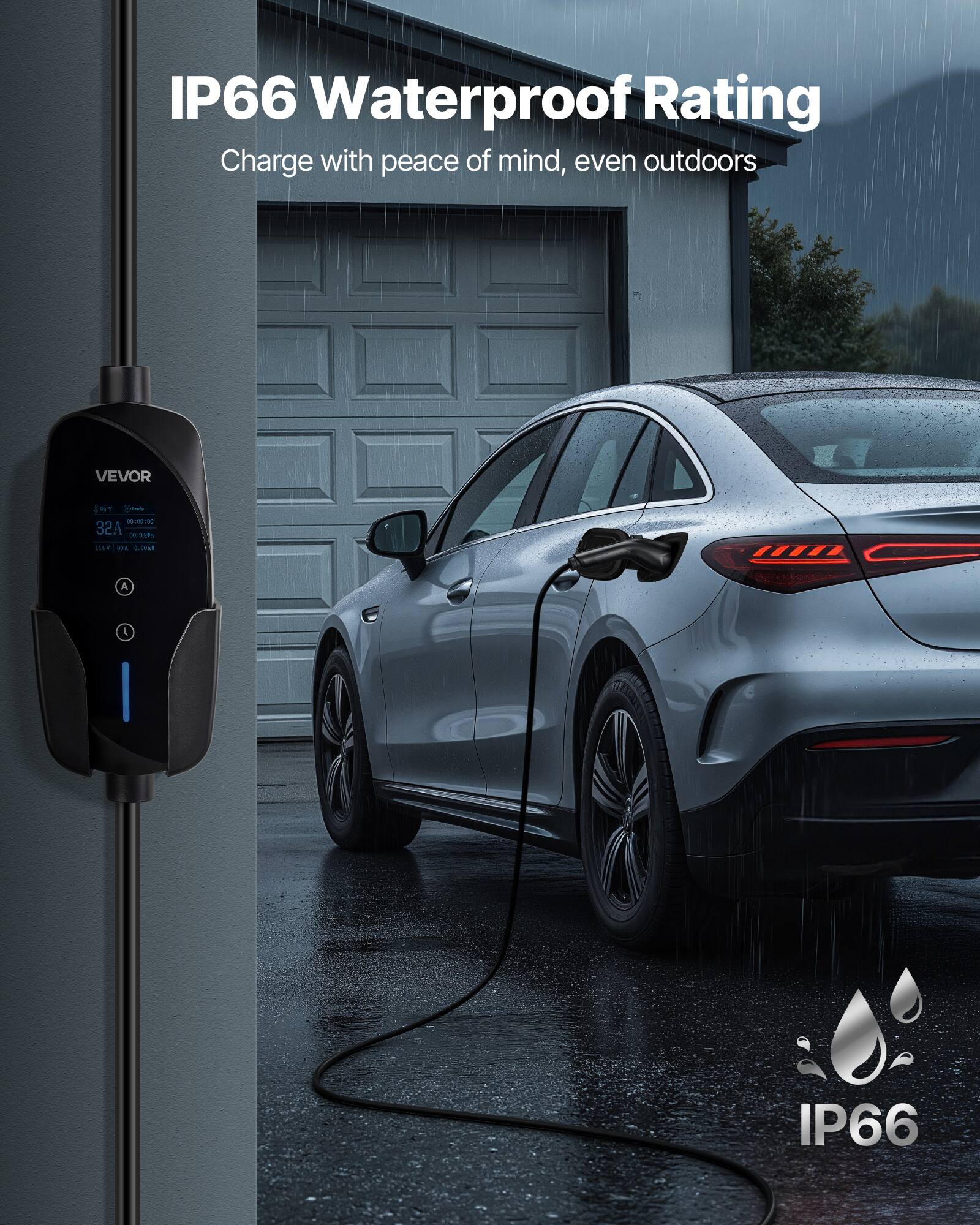 IP66 Waterproof Rating  
Charge with peace of mind, even outdoors  

VEVOR  
WT 25mg 00:00:00 32A DC 00,1185 THE 0.00%  

IP66