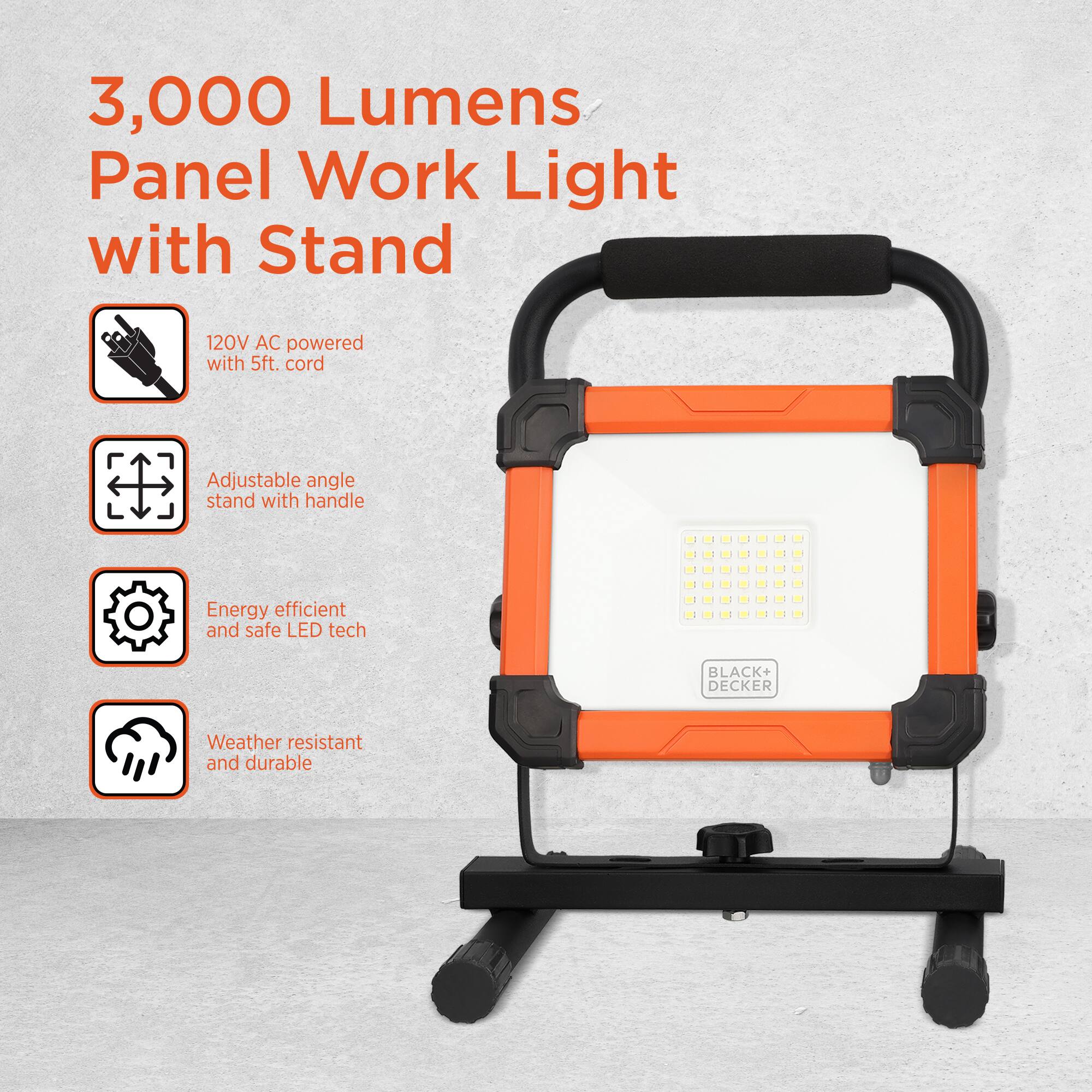 3,000 Lumens Panel Work Light with Stand

120V AC powered with 5ft. cord

Adjustable angle stand with handle

Energy efficient and safe LED tech

BLACK+ DECKER

Weather resistant and durable