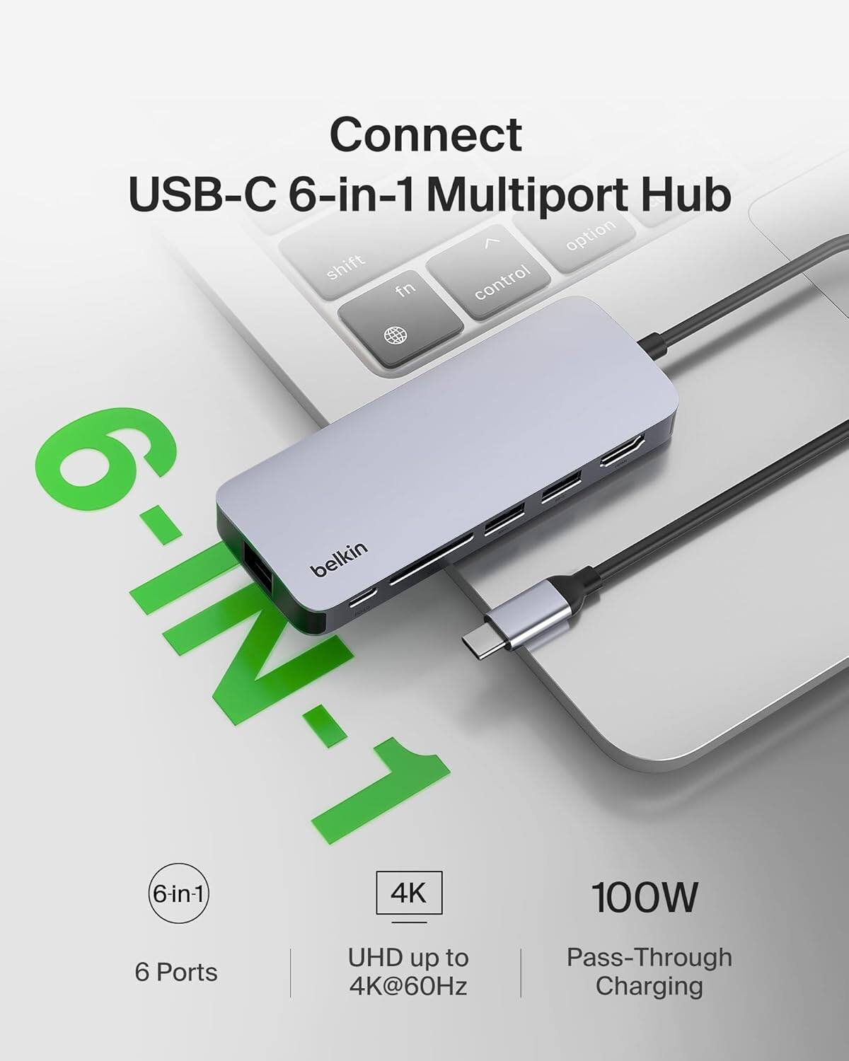 Connect USB-C 6-in-1 Multiport Hub

- 6 Ports
- UHD up to 4K@60Hz
- 100W Pass-Through Charging